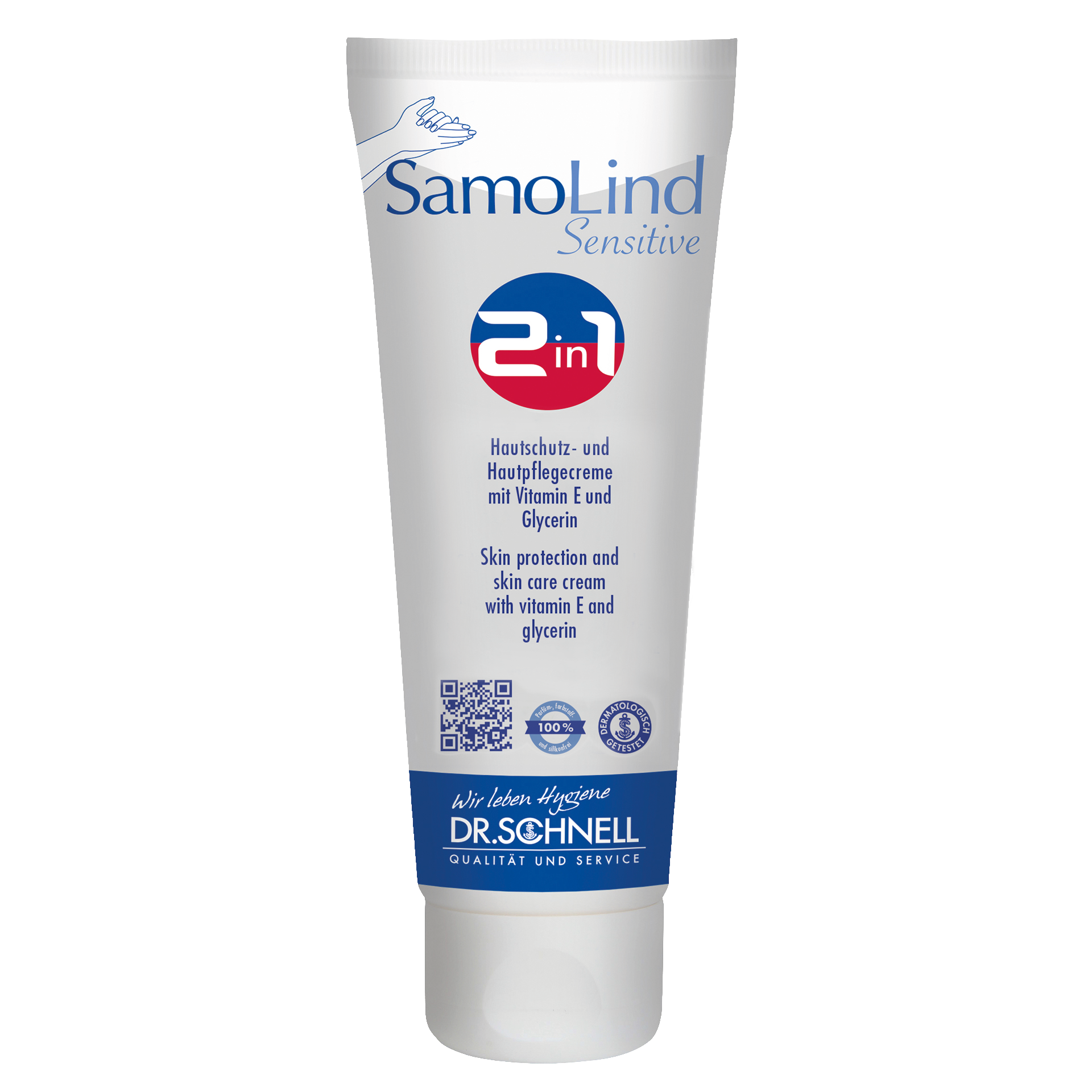 SamoLind Sensitive Hautschutz- und Hautpflegecreme von Dr. Schnell in weißer Tube mit blauem Etikett