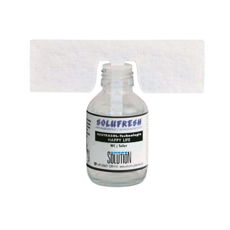 Solufresh WC-Reinigungskonzentrat Solufresh WC-Reinigungskonzentrat in einer kleinen Glasflasche mit weißer Aufhängelasche für die professionelle Sanitärreinigung
