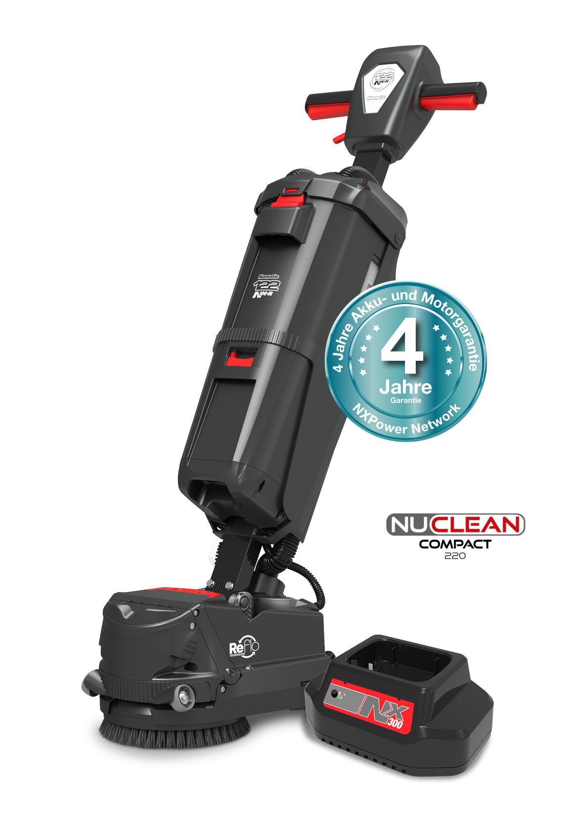 Numatic NCC220NX Kompakte Scheuersaugmaschine Kompakte Scheuersaugmaschine Numatic NCC220NX mit Batteriefach und Bürstenkopf.
