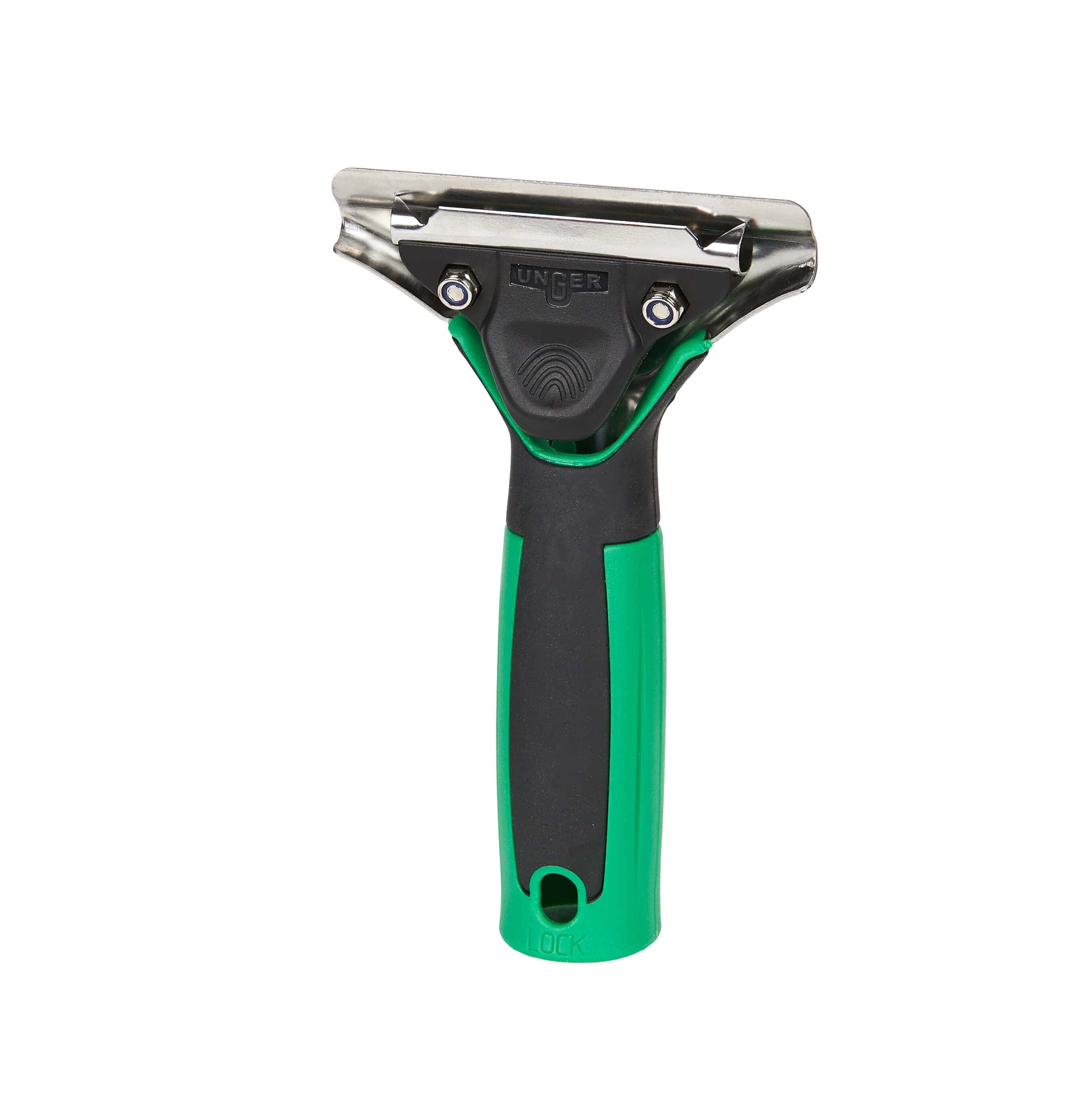 Unger Glasschaber mit ergonomischem Griff Unger Glasschaberkopf mit Metallklingenhalter und ergonomischem grün-schwarzem Griff für die professionelle Fensterreinigung