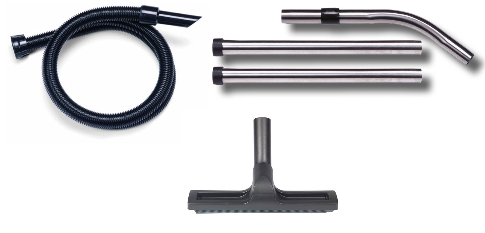 Saugschlauch mit Anschlussstück und zwei Edelstahl-Saugrohren sowie einer Bodendüse für Staubsauger