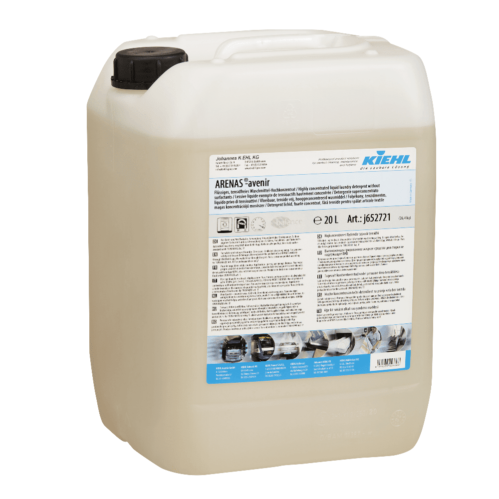 Kiehl Arenas Avenir Waschmittel 20 Liter Kanister Kiehl Arenas Avenir Flüssigwaschmittel im 20-Liter-Kanister mit weißem Griff für die professionelle Reinigung