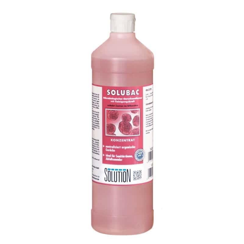 Solubac Geruchsentferner-Konzentrat Solubac Geruchsentferner-Konzentrat in der Kunststoffflasche mit rosa Etikett für die professionelle Reinigung im Sanitärbereich