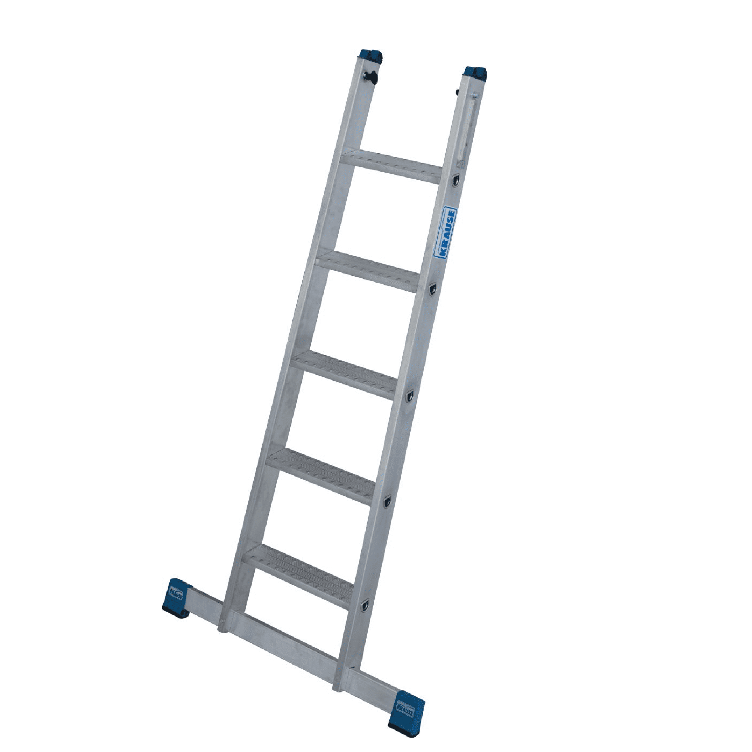 KRAUSE Aluminiumleiter mit sechs Stufen KRAUSE-Systems Aluminiumleiter mit sechs Stufen und blauen Füßen.