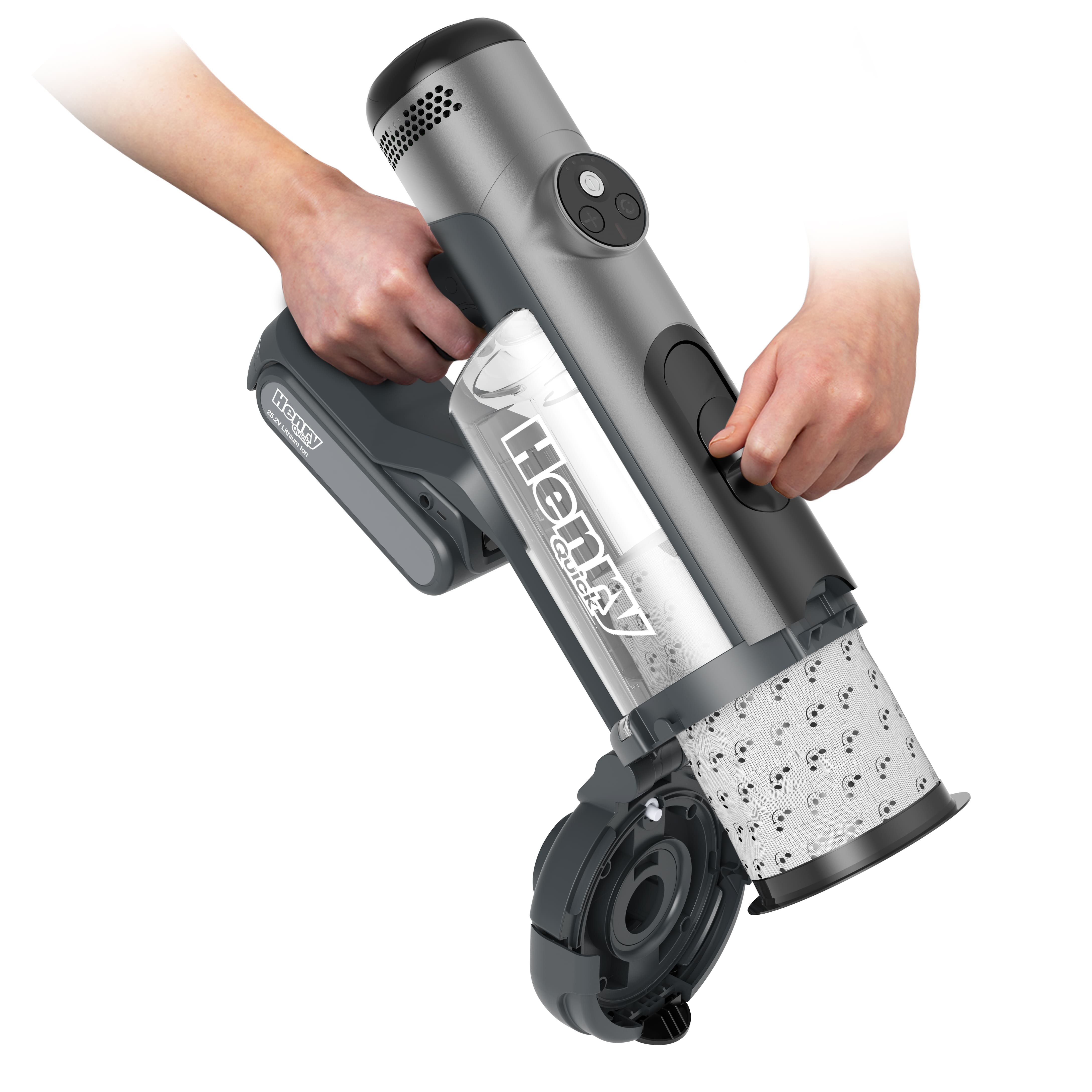 Henry Quick Handstaubsauger mit transparentem Behälter und grauem Gehäuse für die schnelle Reinigung.