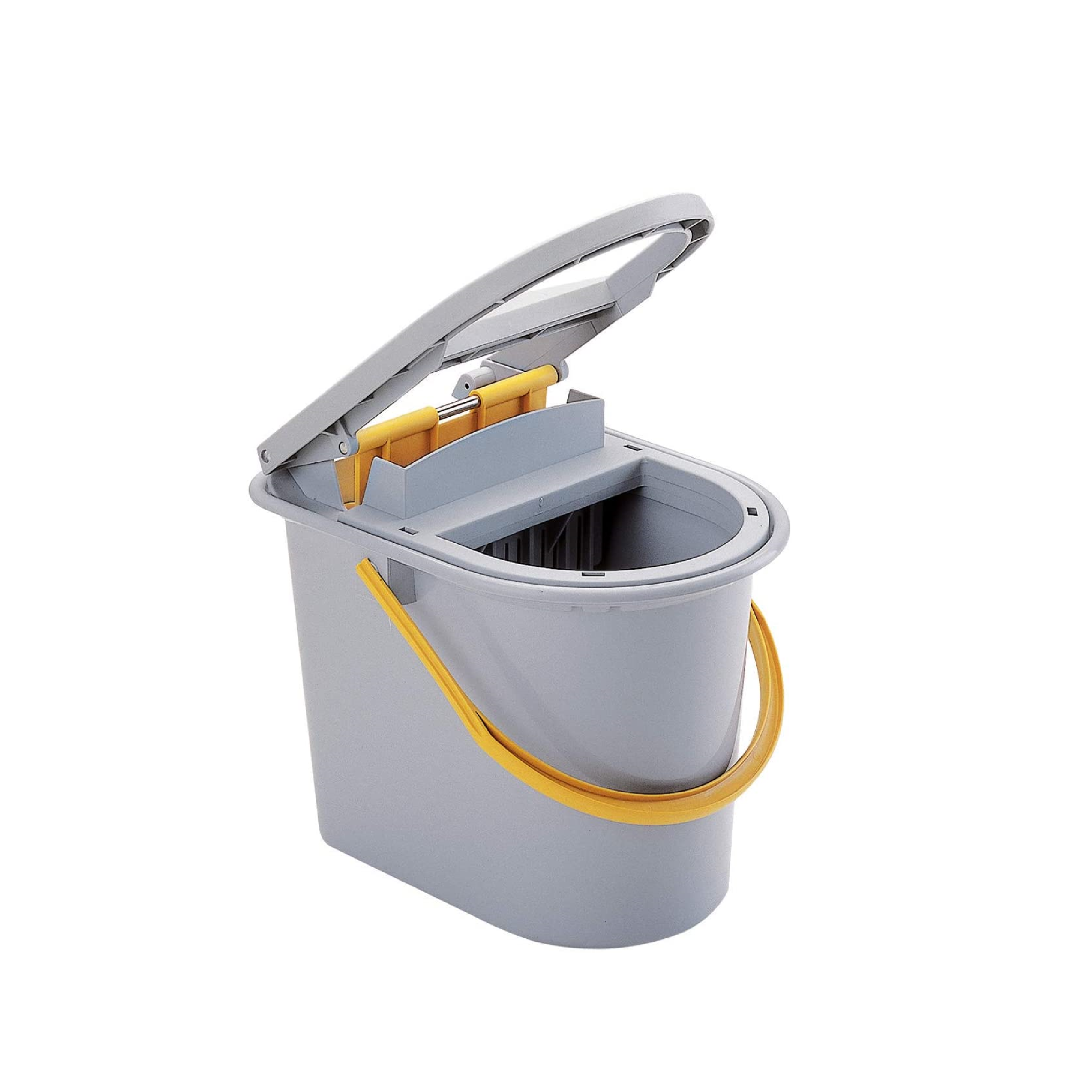 Vileda Wringboy Eimer mit integriertem Wringmechanismus und gelbem Griff in der Seitenansicht