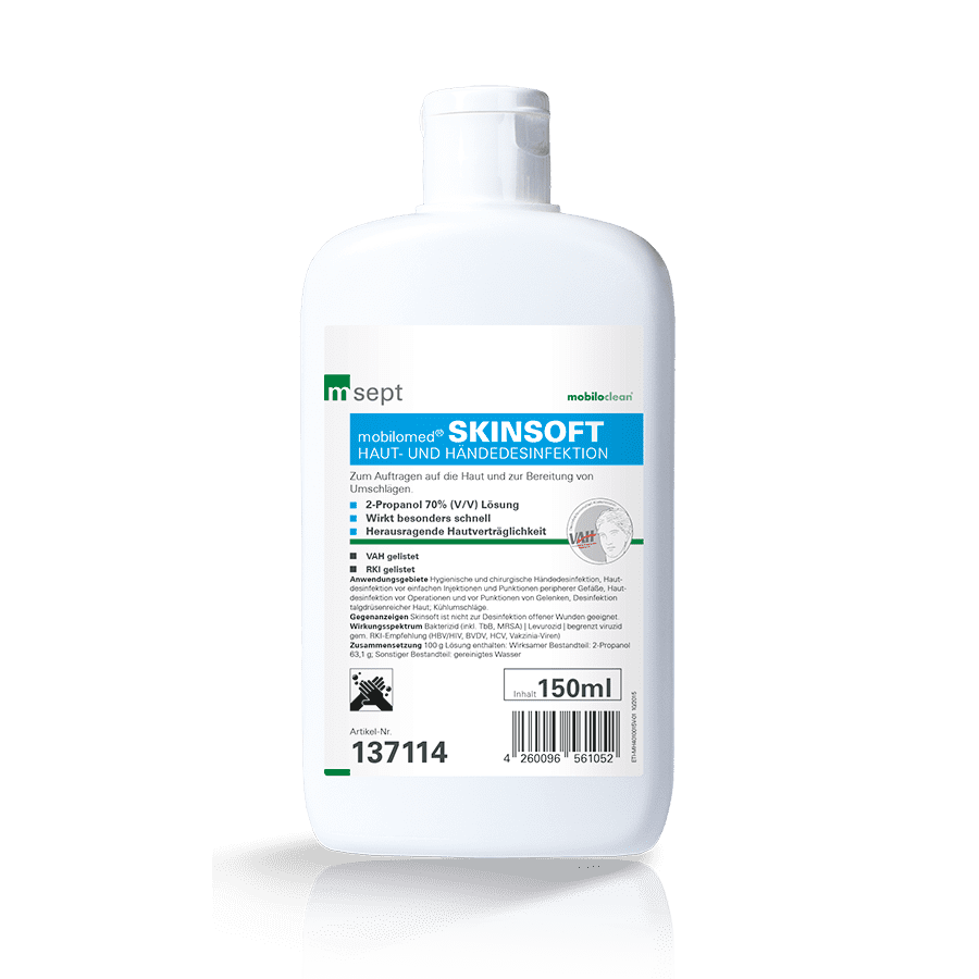 Mobimed Skinsoft Händedesinfektionsmittel 150 ml Mobimed Skinsoft Händedesinfektionsmittel in einer 150-ml-Flasche mit Etikettdetails.