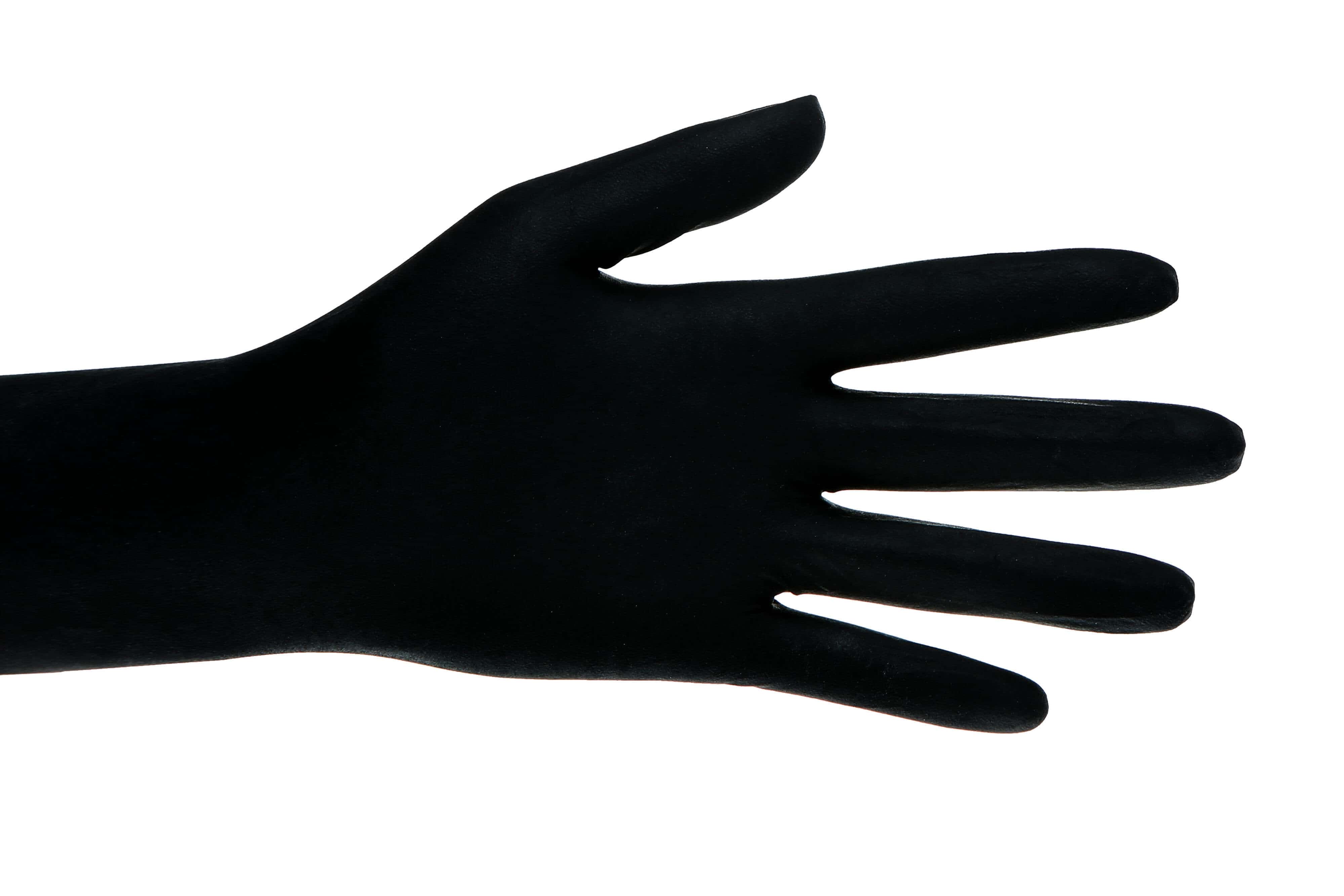 Schwarzer Nitril-Schutzhandschuh Schwarzer Nitrilhandschuh, der isoliert auf weißem Hintergrund an einer Hand getragen wird, für professionelle Hygiene- und Reinigungsaufgaben