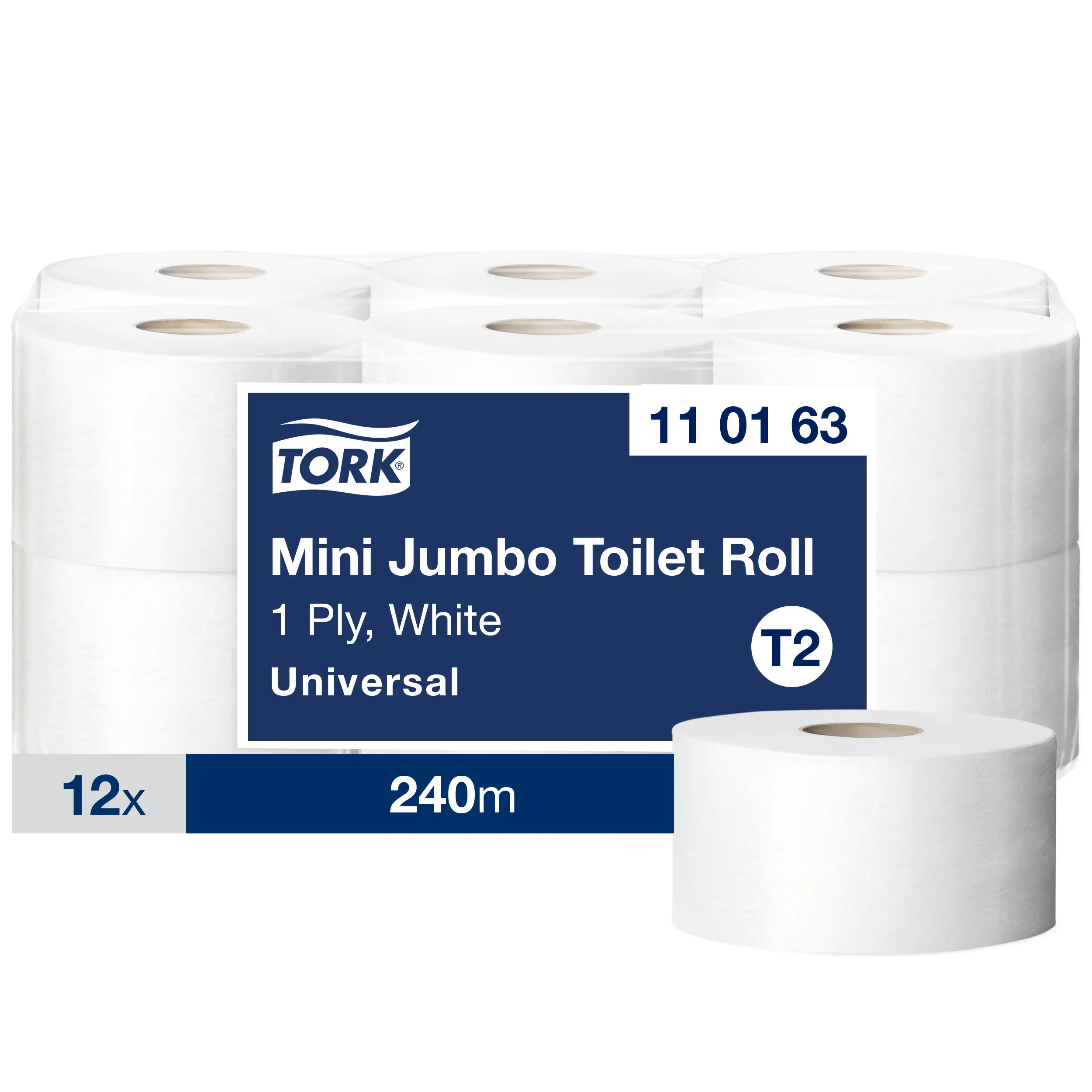 Tork Mini Jumbo Toilettenpapierrolle, 1-lagig, Weiß Tork Mini Jumbo Toilettenpapierrolle, 1-lagig, Weiß, 240 m, Packung mit 12 Rollen