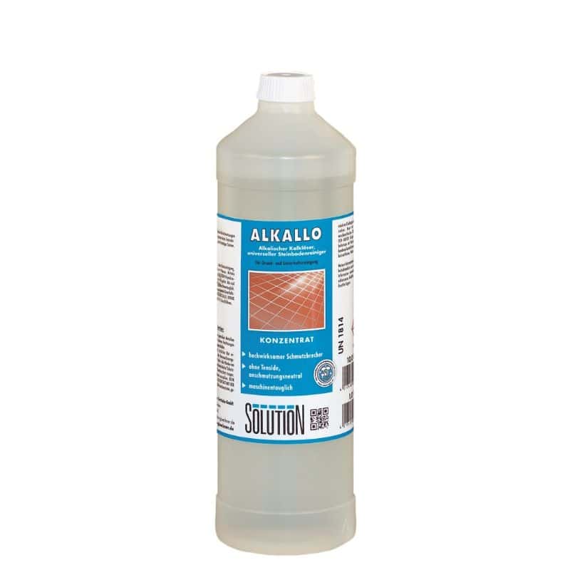 Alkalisches Steinreiniger-Konzentrat in transparenter Flasche mit blauem Etikett, für die professionelle Bodenreinigung. Alkalisches Steinreiniger-Konzentrat in transparenter Flasche mit blauem Etikett, für die professionelle Bodenreinigung.