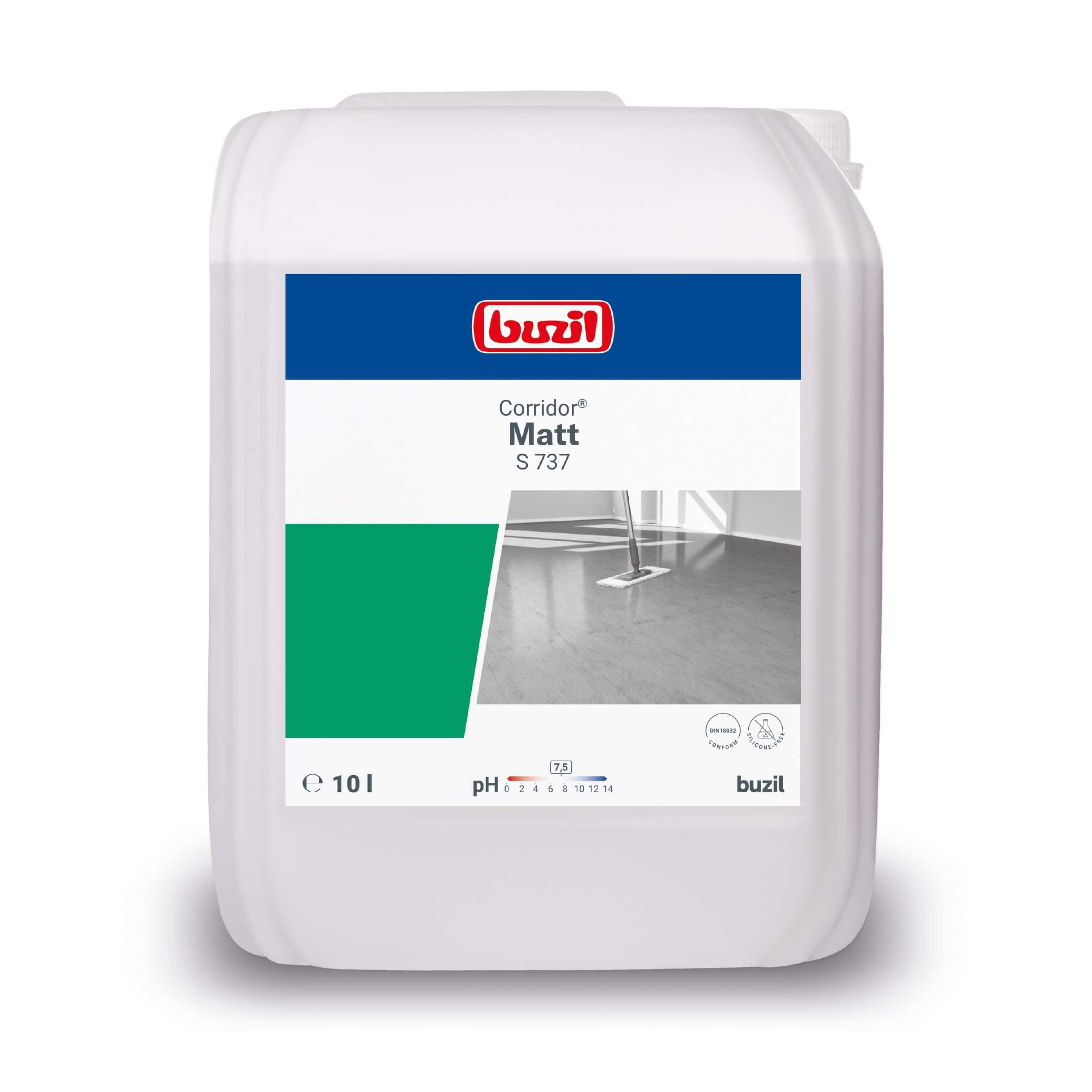 Buzil Corridor Matt S737 10L Behälter Buzil Corridor® Matt S737 10 l Behälter mit Produktetikett und Reinigungsbild.