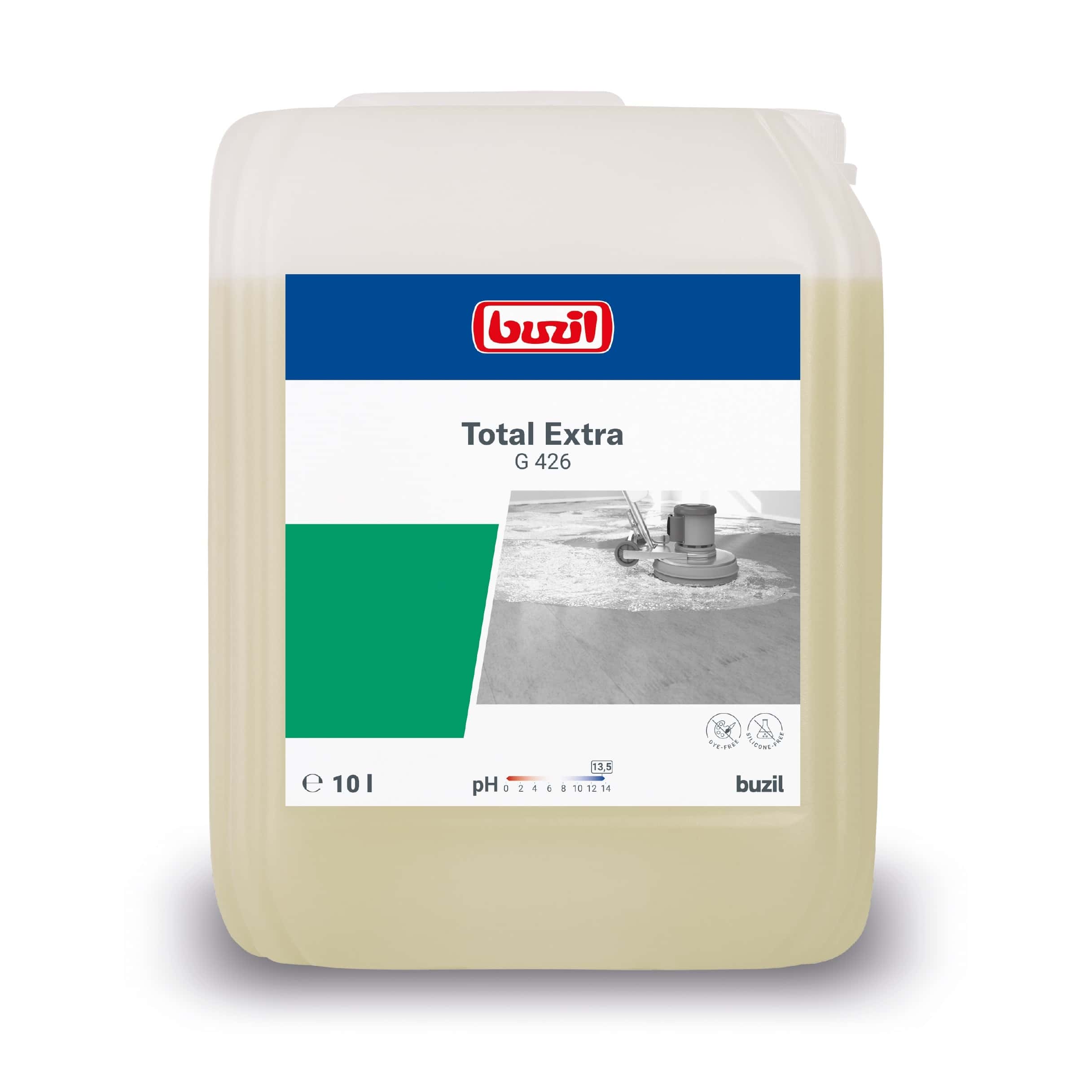 Buzil Total Extra G 426 Intensivreiniger 10 Liter Buzil Total Extra G 426 Intensivreiniger im 10-Liter-Kanister mit blau-grünem Etikett für die Bodenreinigung