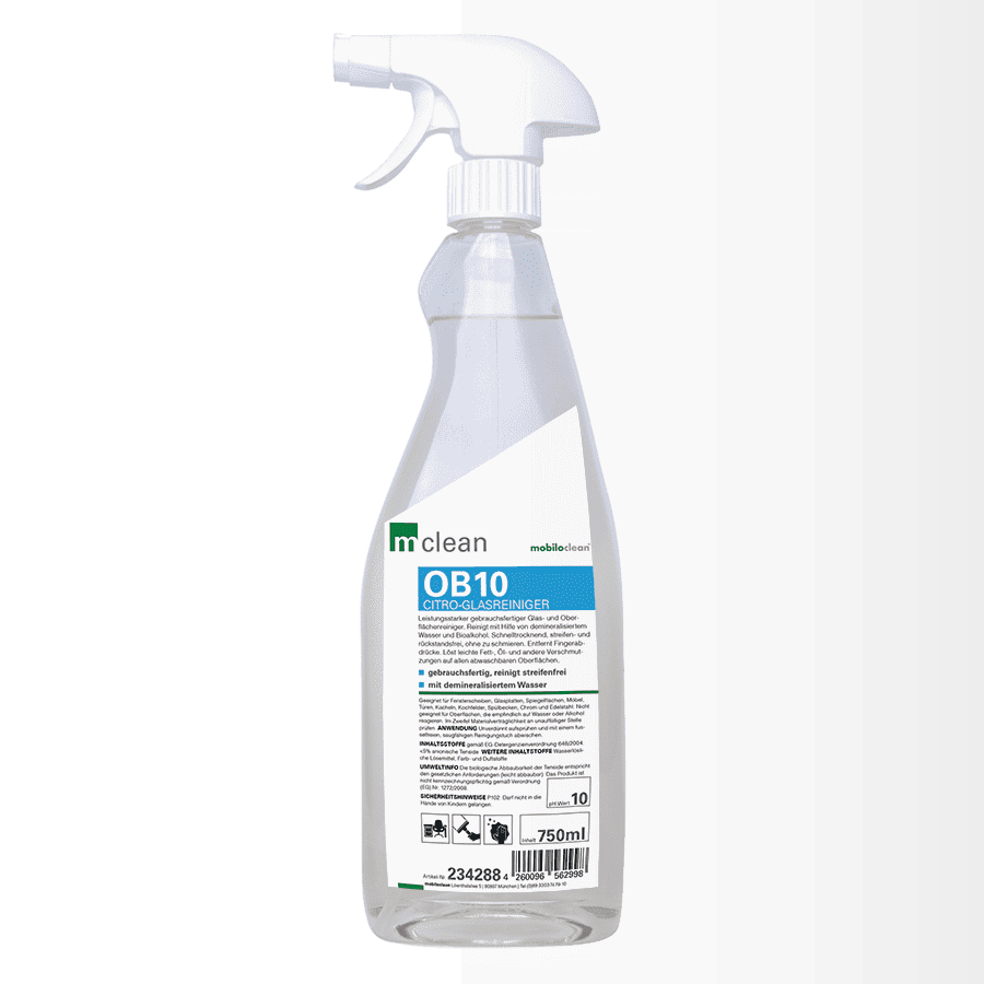 Mclean OB10 Glasreiniger-Sprühflasche Mclean OB10 Glasreiniger in einer 750-ml-Sprühflasche mit weißem Sprühkopf für professionelle Oberflächenreinigungsaufgaben