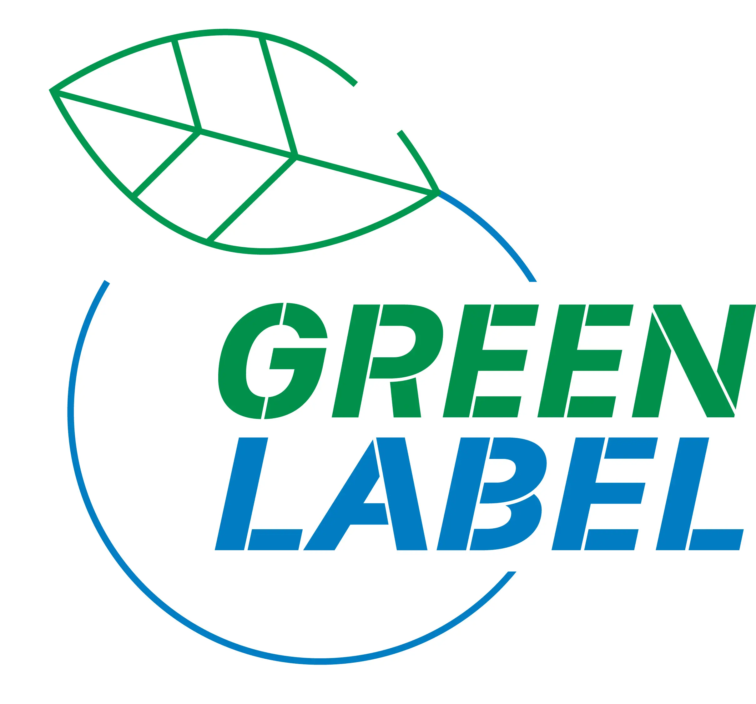 Green Label-Logo mit stilisiertem grünem Blatt und blauem kreisförmigem Umriss auf weißem Hintergrund