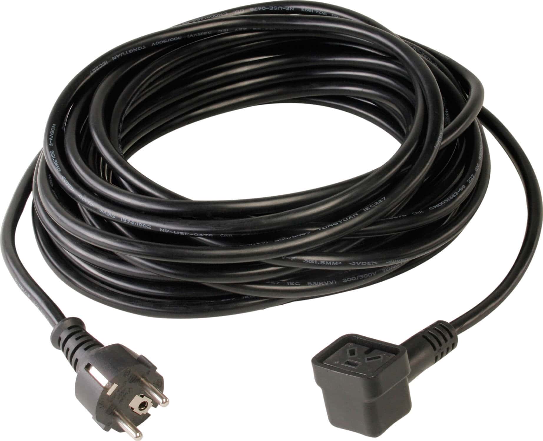 Schwarzes Stromkabel für Reinigungsmaschinen Schwarzes Netzkabel für professionelle Reinigungsmaschinen mit einem Standardstecker und einem rechteckigen Gerätestecker