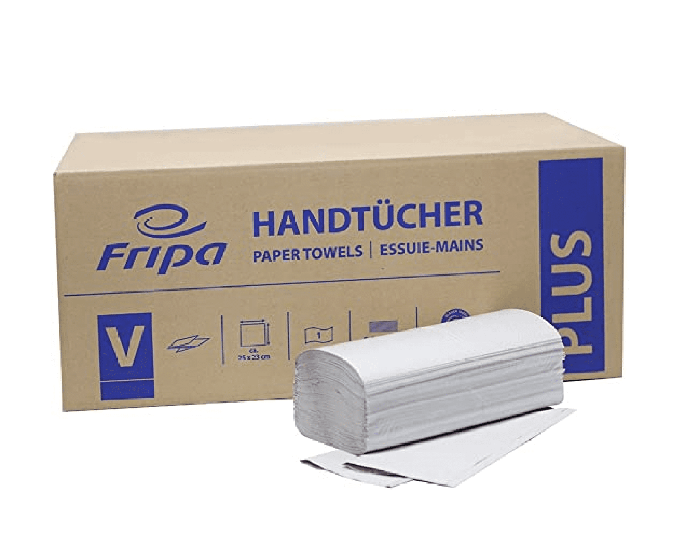 Fripa Papierhandtücher V-Falz Fripa-Papierhandtücher im Karton mit V-Faltung für die professionelle Hygiene in gewerblichen Waschräumen