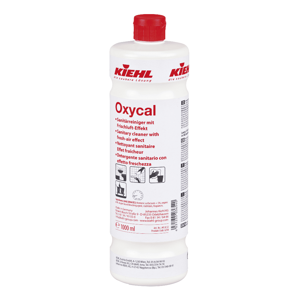 Kiehl Oxycal Sanitärreiniger 1000 ml Kiehl Oxycal Sanitärreiniger in der 1000 ml Dosierflasche mit rotem Verschluss für die professionelle Sanitärreinigung