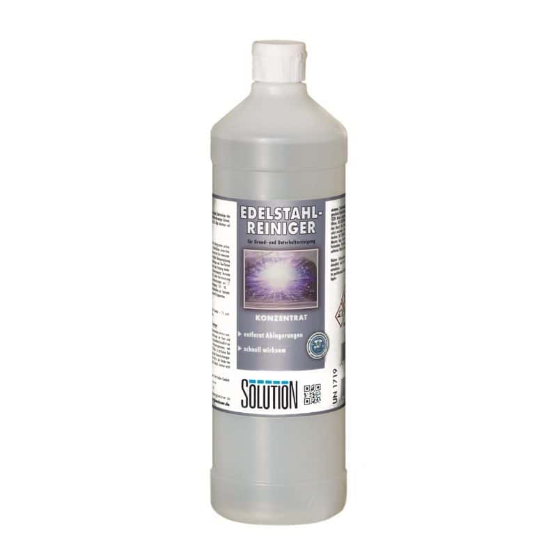 Edelstahlreiniger Konzentrat in transparenter Flasche mit weißem Schraubverschluss und grauem Etikett für professionelle Reinigung Edelstahlreiniger Konzentrat in transparenter Flasche mit weißem Schraubverschluss und grauem Etikett für professionelle Reinigung