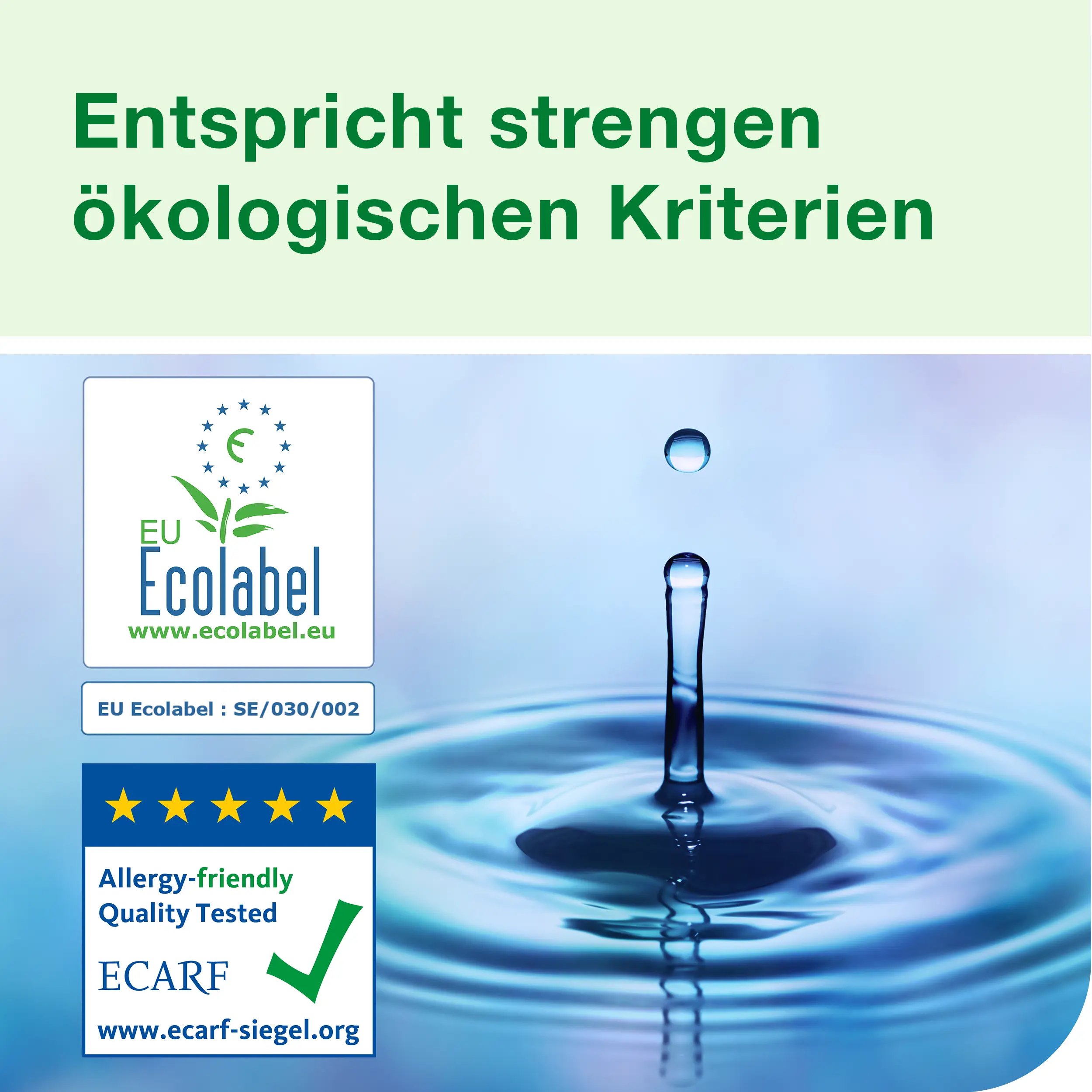 EU Ecolabel und ECARF Siegel auf blauem Hintergrund mit Wassertropfen für ökologische Reinigungsmittel