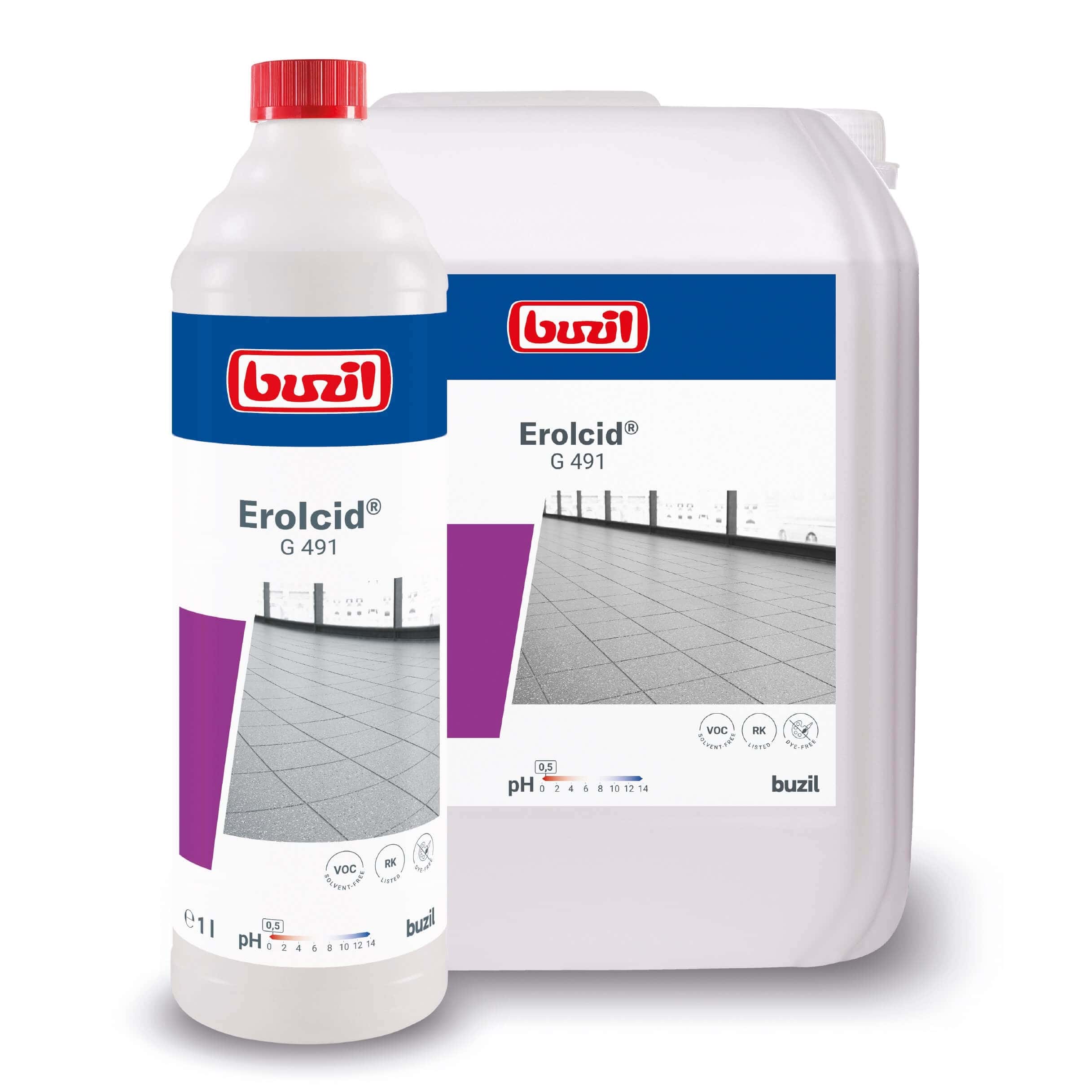 Buzil Erolcid G 491 Reinigungsmittel Buzil Erolcid G 491 Reinigungsmittel in Flasche und Kanister mit blauem und violettem Etikett für die professionelle Bodenreinigung