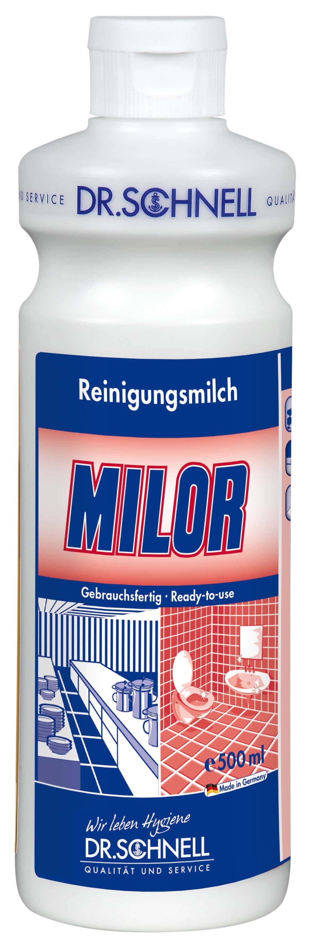Dr. Schnell Milor Reinigungsmilch 500ml Dr. Schnell Milor Reinigungsmilch in der 500 ml weißen Flasche mit blauem Etikett für professionelle Oberflächenreinigungsaufgaben