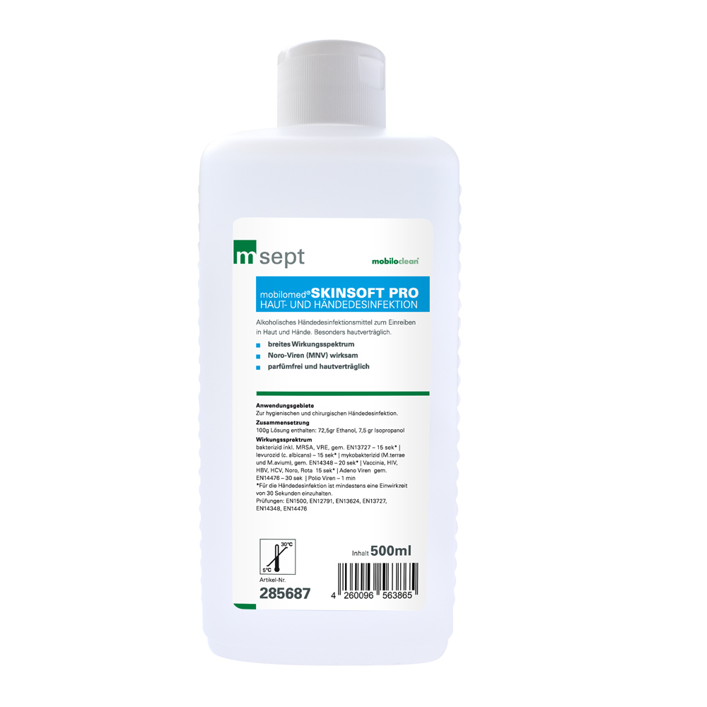 Mobilomed Skinsoft Pro Desinfektionsmittel in einer 500 ml weißen Flasche für professionelle Hände- und Hauthygieneanwendungen