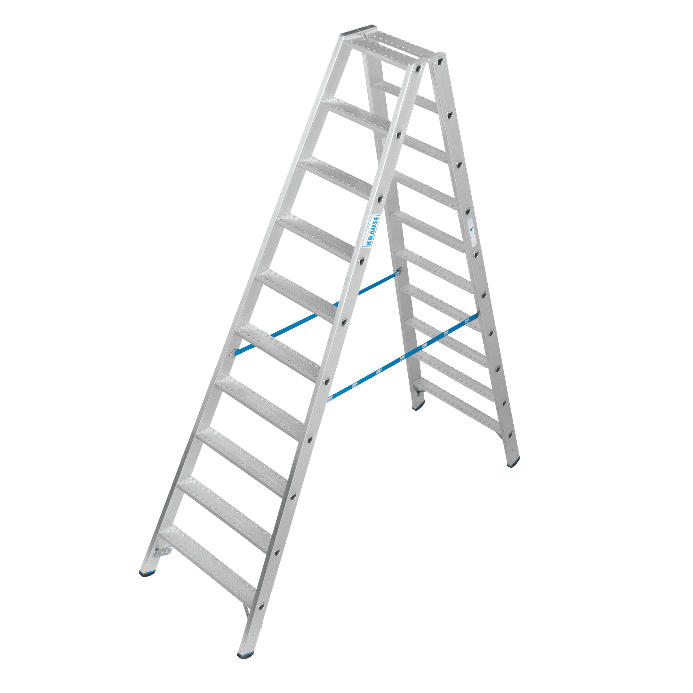 Doppelseitige Trittleiter aus Aluminium von Krause Doppelseitige Trittleiter aus Aluminium von Krause mit breiten Trittflächen und blauen Sicherheitsgurten für die professionelle Gebäudewartung