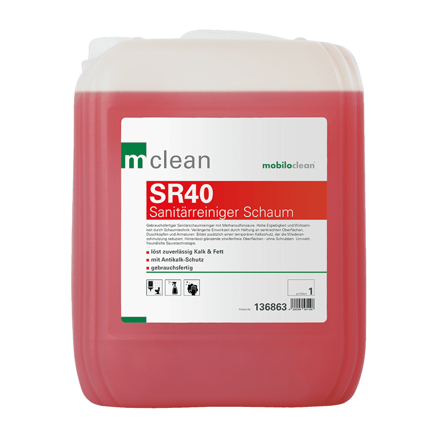 Mclean SR40 Sanitärschaumreiniger-Kanister Mclean SR40 Sanitärschaumreiniger im roten Kanister mit weißem Etikett für die professionelle Reinigung im Sanitärbereich