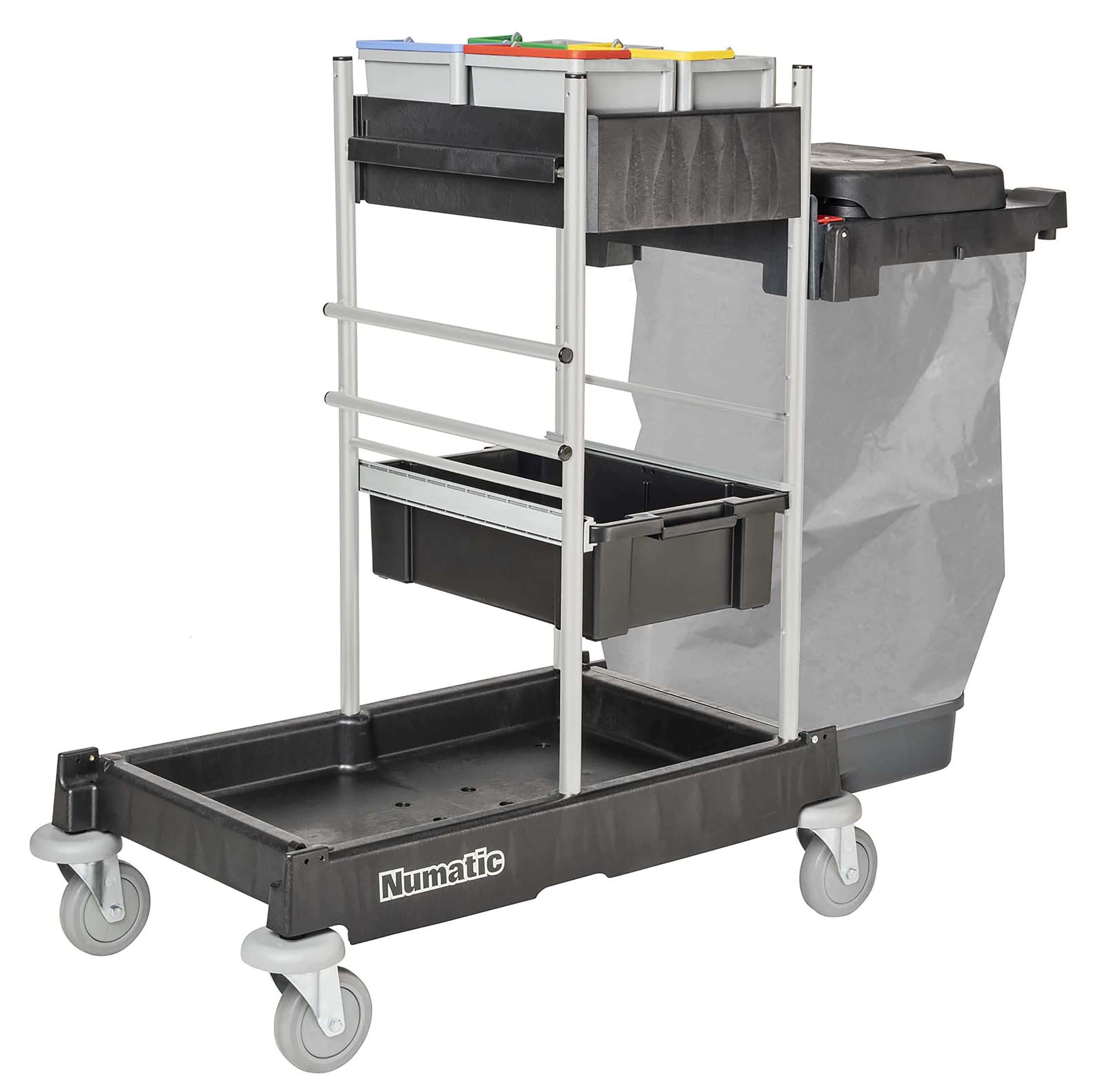 Numatic-Reinigungswagen mit Aufbewahrungsbehältern Numatic-Reinigungswagen mit mehreren Lagerbehältern und Abfallbehälter.