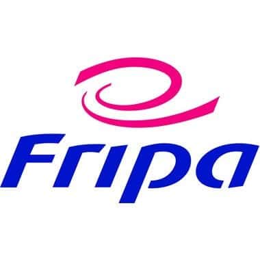 Fripa-Markenlogo Offizielles Fripa-Markenlogo mit blauem Schriftzug und einer stilisierten rosa Wirbelgrafik auf einem sauberen weißen Hintergrund