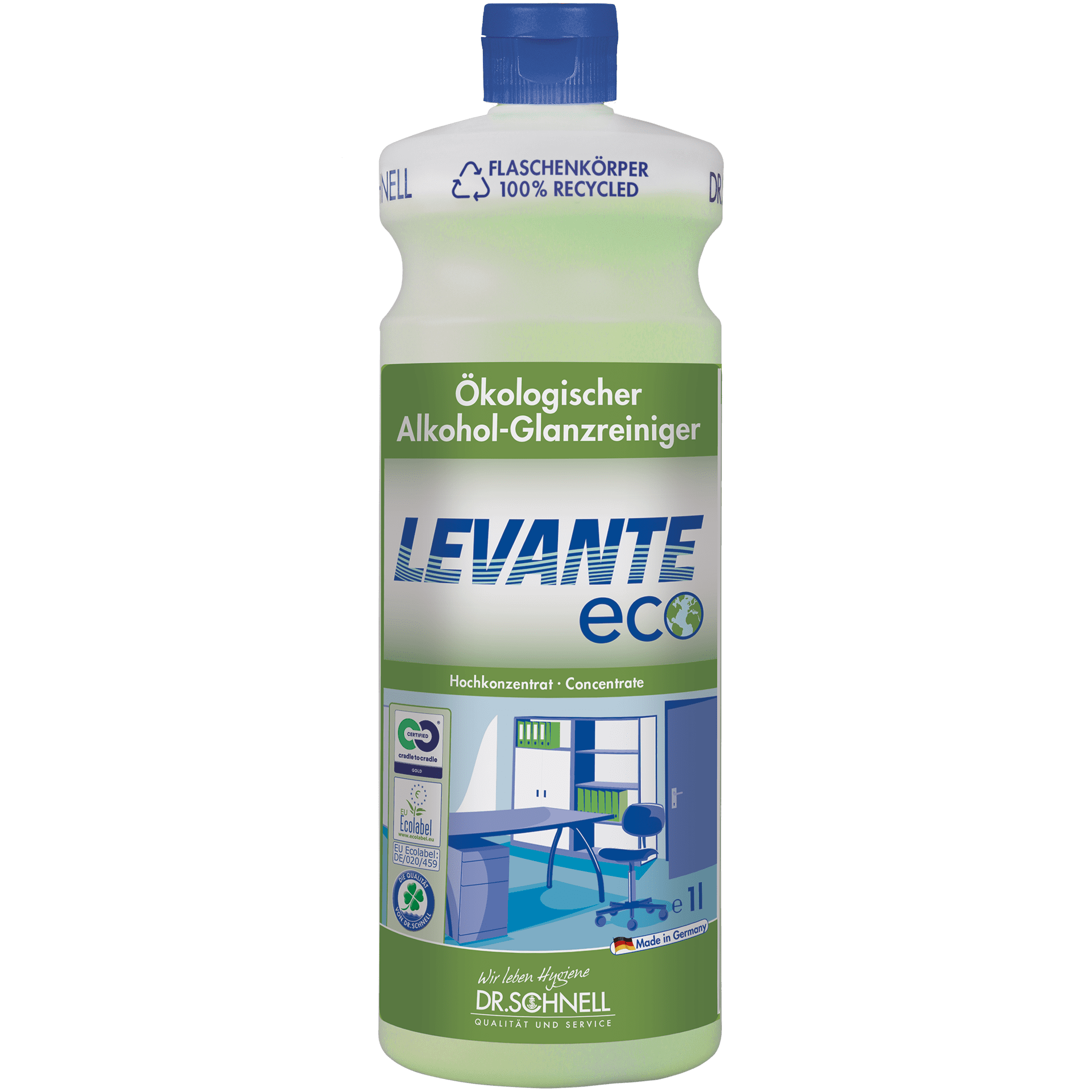 Dr. Schnell Levante Öko-Oberflächenreiniger Dr. Schnell Levante Eco Alkohol-Oberflächenreiniger in der 1-Liter-Flasche für die professionelle Gebäude- und Büroreinigung