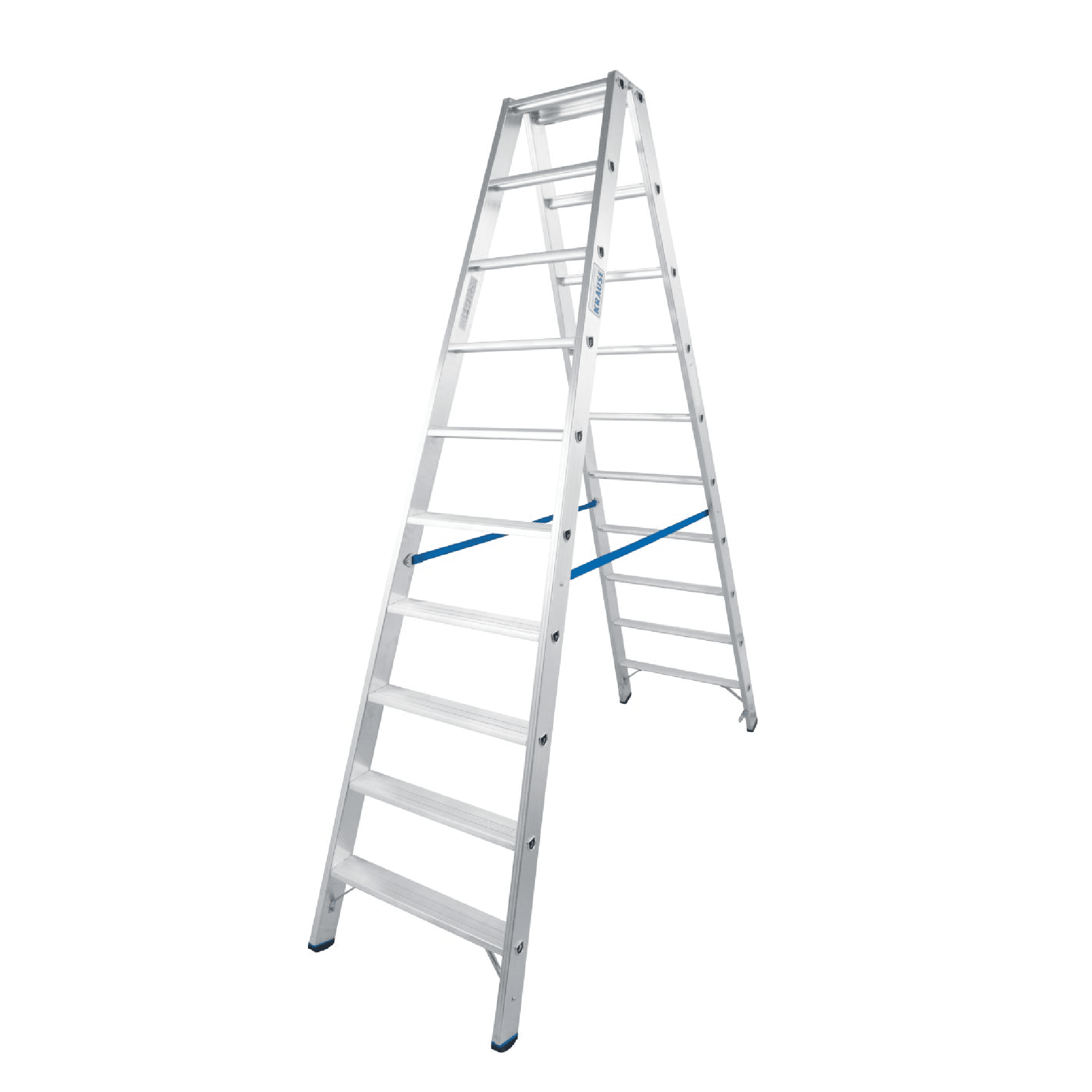 Krause Doppel-Trittleiter aus Aluminium Doppelseitige Trittleiter aus Aluminium von Krause mit breiten Sprossen und blauen Sicherheitssprossen für die professionelle Gebäudewartung