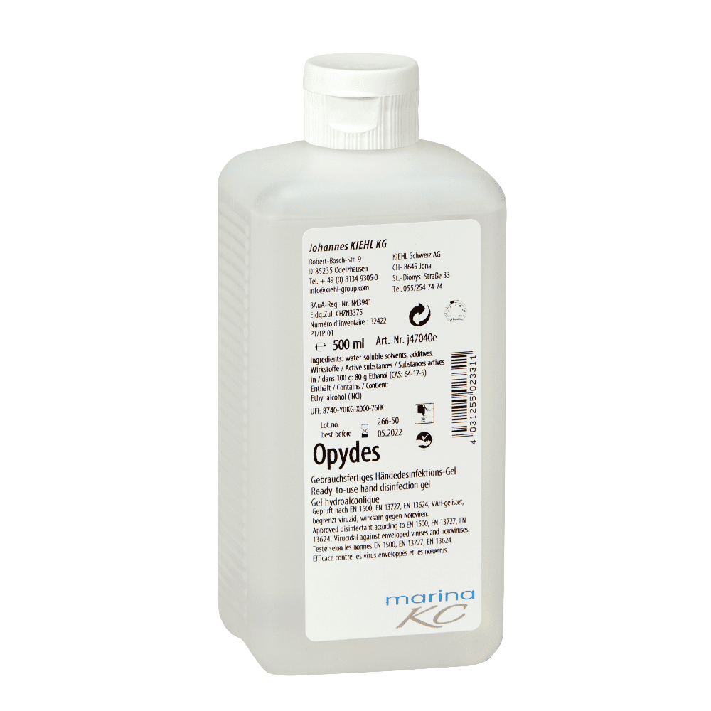 Kiehl Opydes Händedesinfektionsgel 500 ml Kiehl Opydes Händedesinfektionsgel in der 500 ml Dosierflasche mit weißem Verschluss für professionelle Hygieneanwendungen