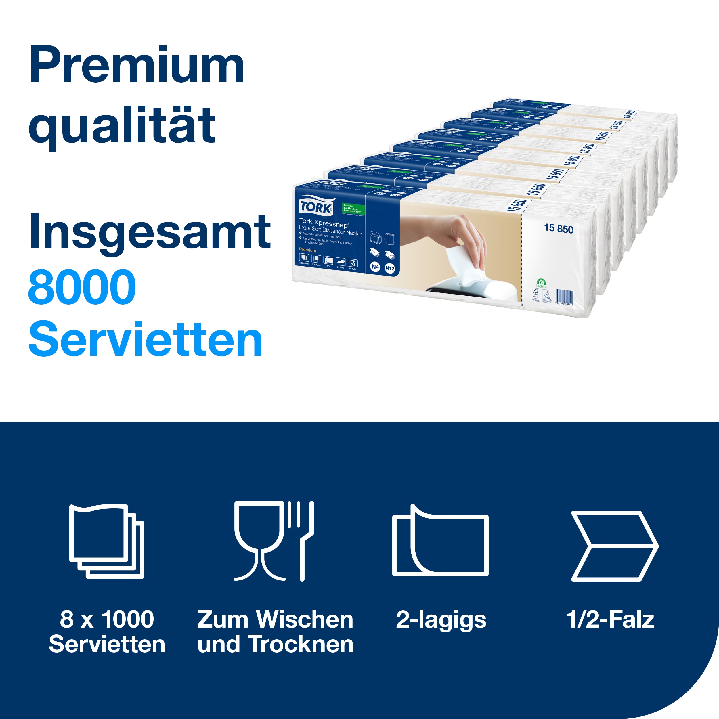 Tork Xpressnap Spenderservietten 8000 Stück Tork Xpressnap Spenderservietten in einer Großpackung mit 8.000 Stück in zweilagiger Qualität für den professionellen Einsatz in der Gastronomie