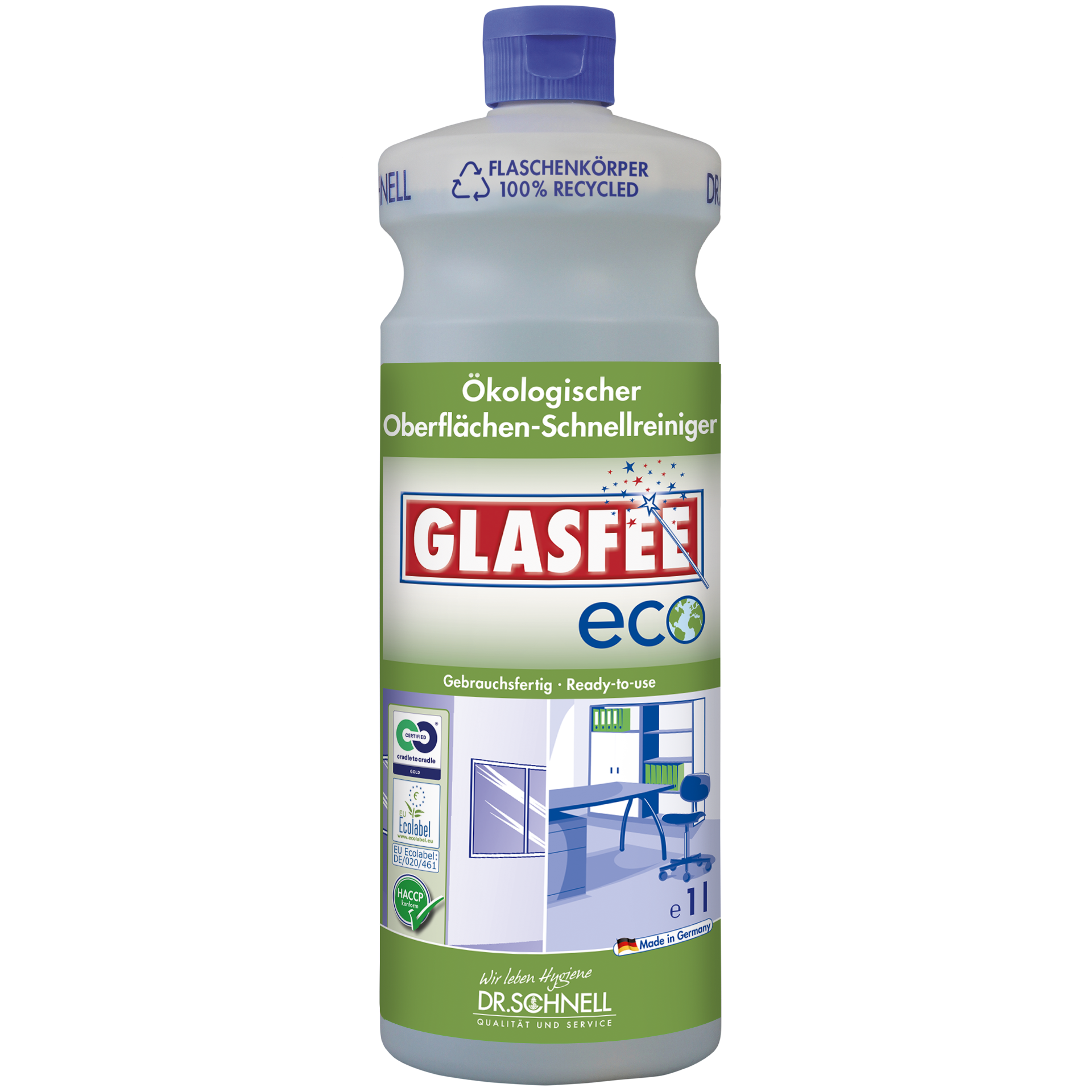 Dr. Schnell Glasfee Eco Flächenreiniger in der 1-Liter-Flasche mit blauem Verschluss für die professionelle Gebäudepflege