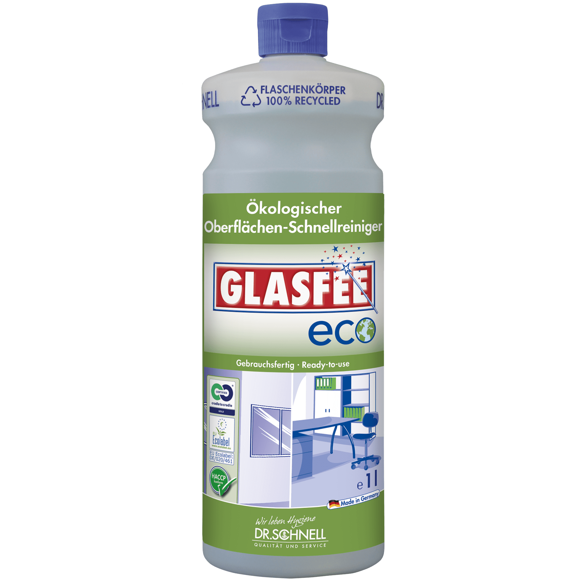Dr. Schnell Glasfee Eco Oberflächenreiniger Dr. Schnell Glasfee Eco Flächenreiniger in der 1-Liter-Flasche mit blauem Verschluss für die professionelle Gebäudepflege