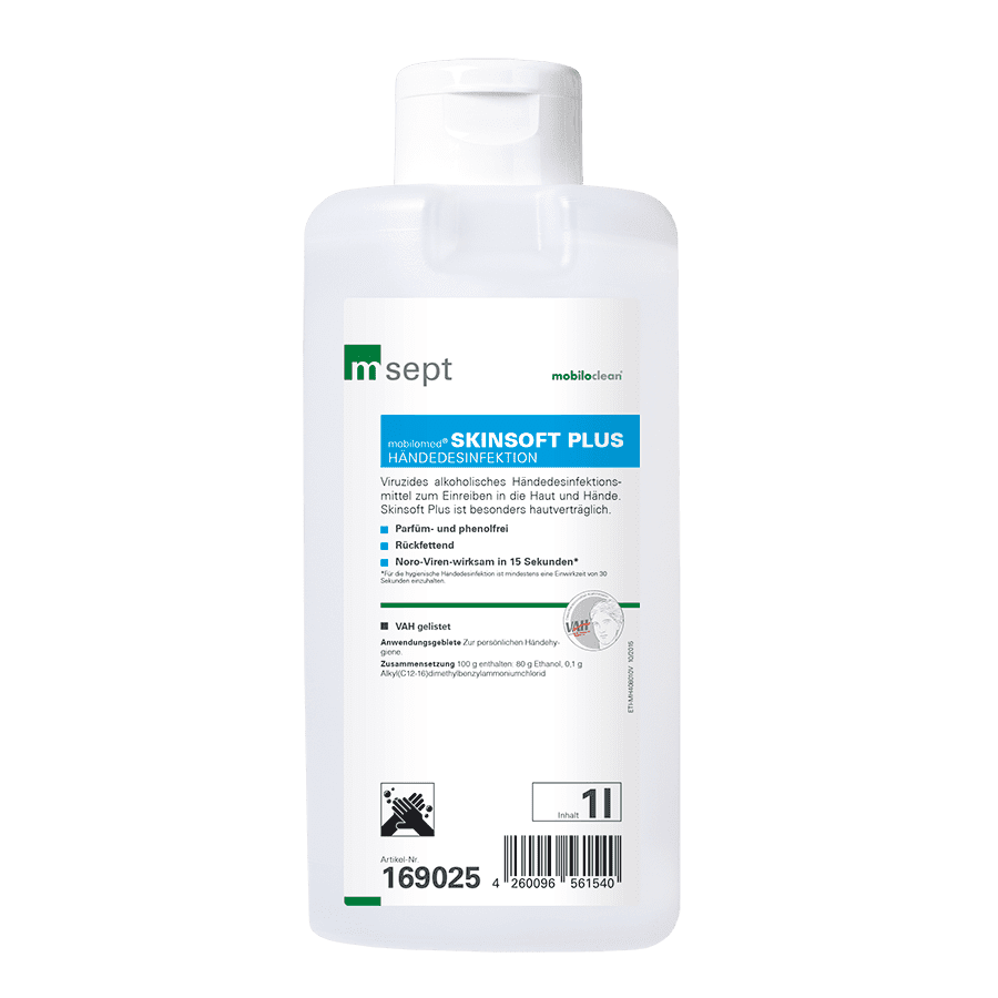 Mobiloclean Skinsoft Plus Händedesinfektionsmittel 1 Liter Mobiloclean Skinsoft Plus Händedesinfektionsmittel in der 1-Liter-Flasche mit weißem Etikett für professionelle Hygieneaufgaben