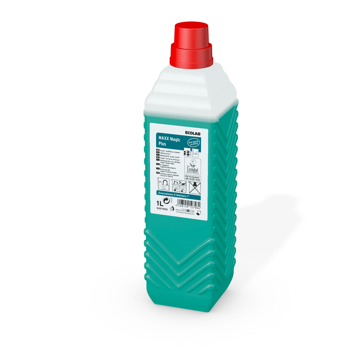 Ecolab MAXX Magic Plus Reinigungsmittel in einer 1-Liter-Flasche mit rotem Verschluss für die professionelle Bodenflächenreinigung