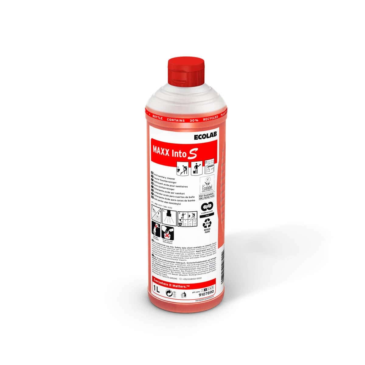 Ecolab MAXX Into S Sanitärreiniger Ecolab MAXX Into S Sanitärreiniger in der 1-Liter-Flasche mit rotem Verschluss für die professionelle Reinigung im Sanitärbereich