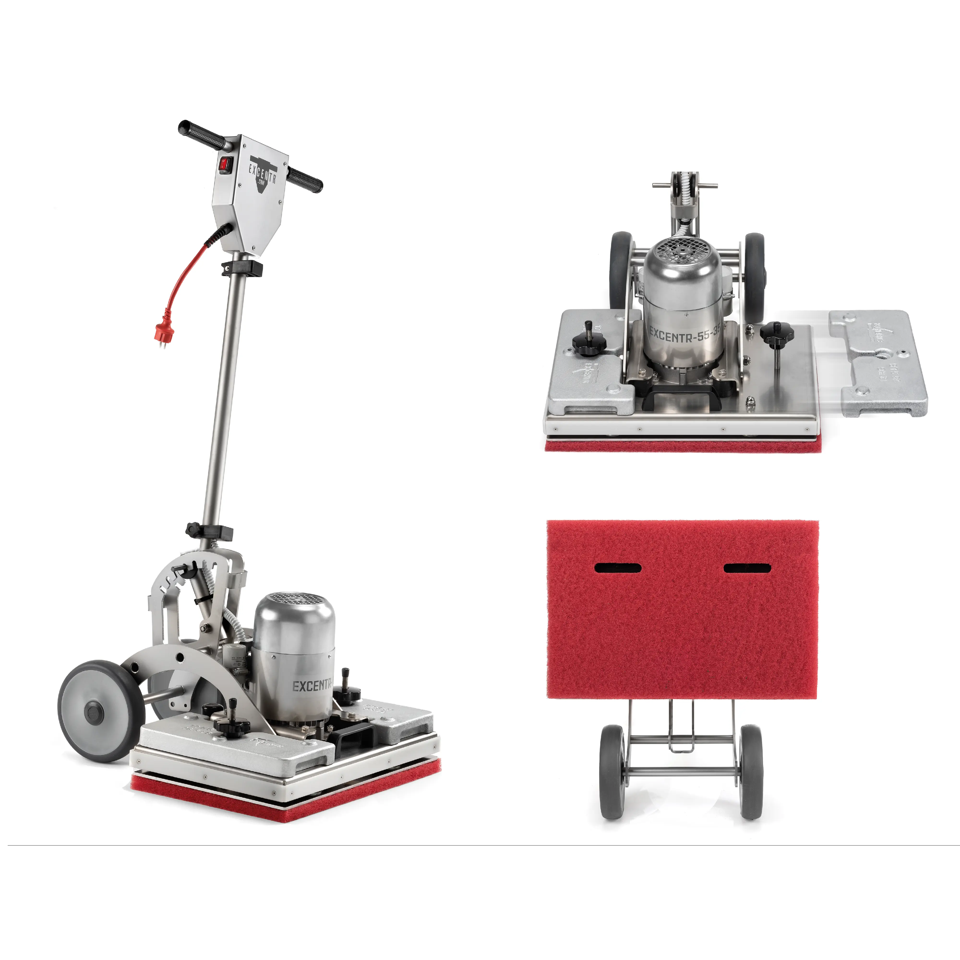 Excentr 55-35 Bodenreinigungsmaschine Excentr 55-35 Bodenreinigungsmaschine mit rotem Pad und Griff.