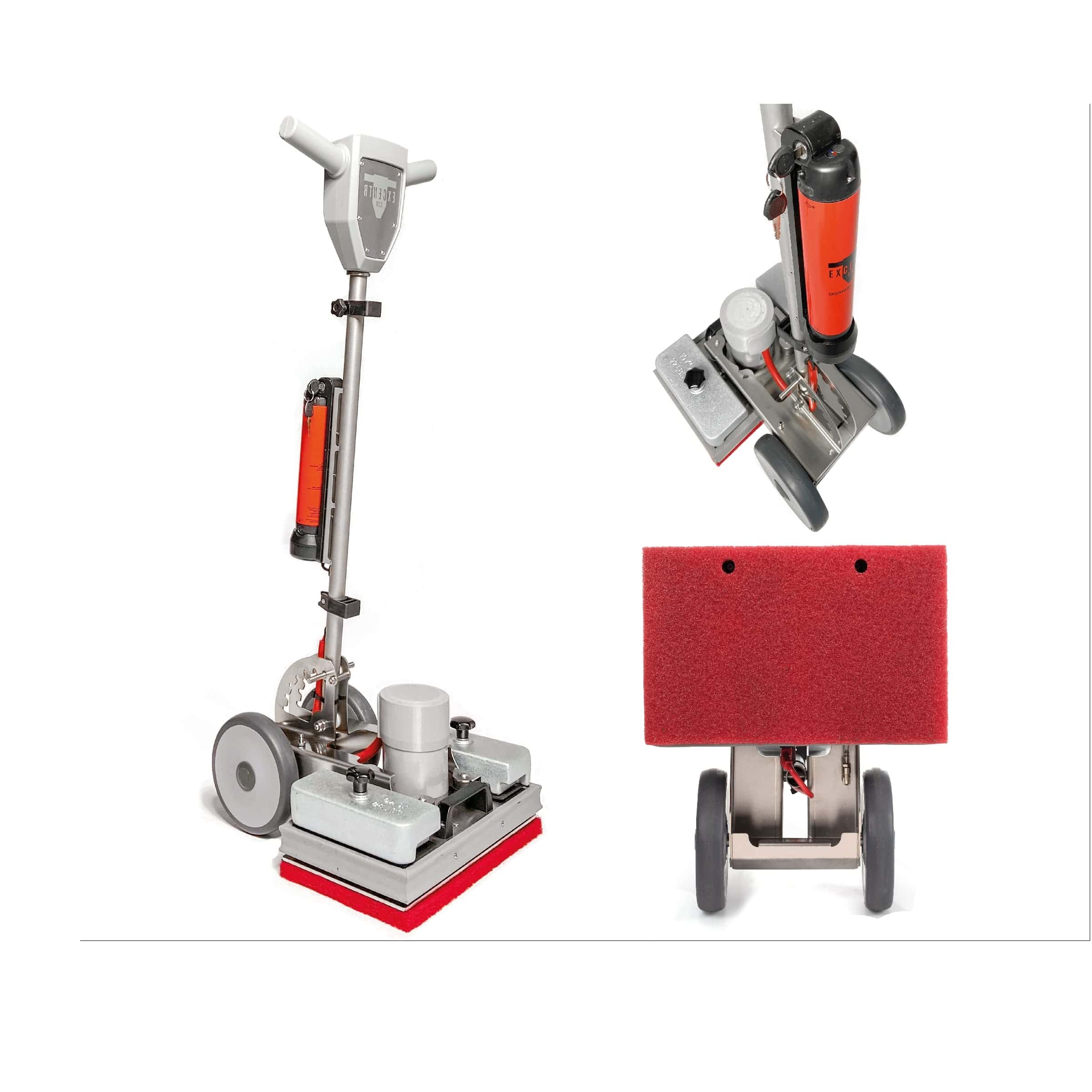 Excentr 40-25B Bodenreinigungsmaschine Excentr 40-25B Bodenreinigungsmaschine mit rotem Reinigungspad und Rädern.