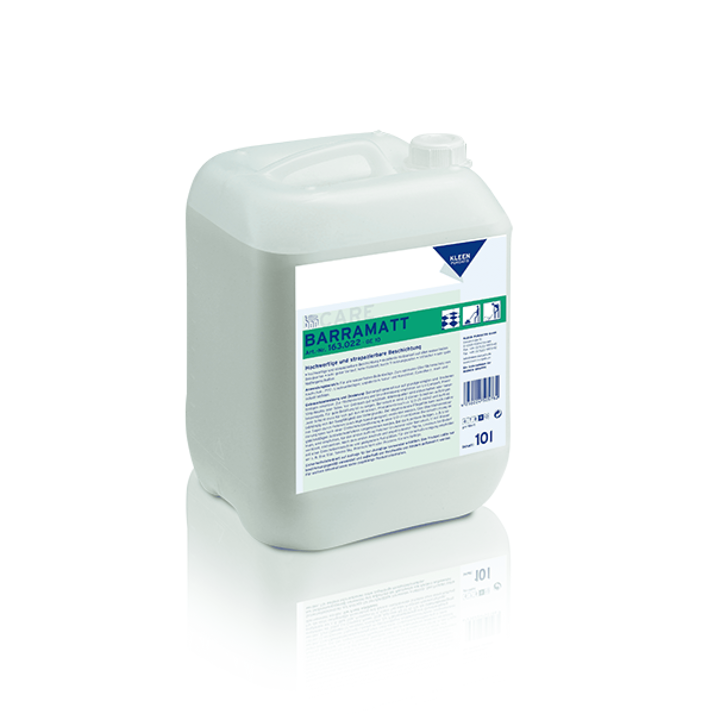 Kleen Care Barramatt Bodenreiniger im weißen Kanister mit grün-weißem Etikett für professionelle Bodenreinigung Kleen Care Barramatt Bodenreiniger im weißen Kanister mit grün-weißem Etikett für professionelle Bodenreinigung