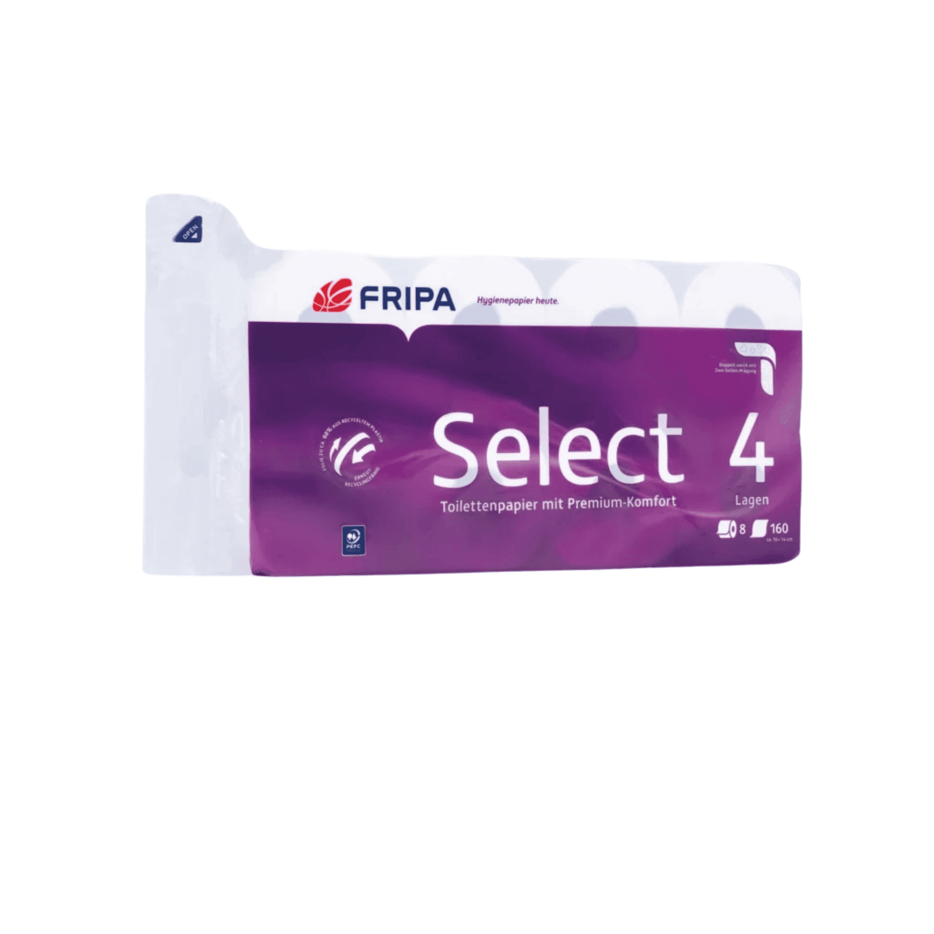 Fripa Select 4-lagiges Toilettenpapier Fripa Select 4-lagiges Toilettenpapierpaket mit Premium-Komfort-Branding und acht Rollen für professionelle Hygieneeinrichtungen