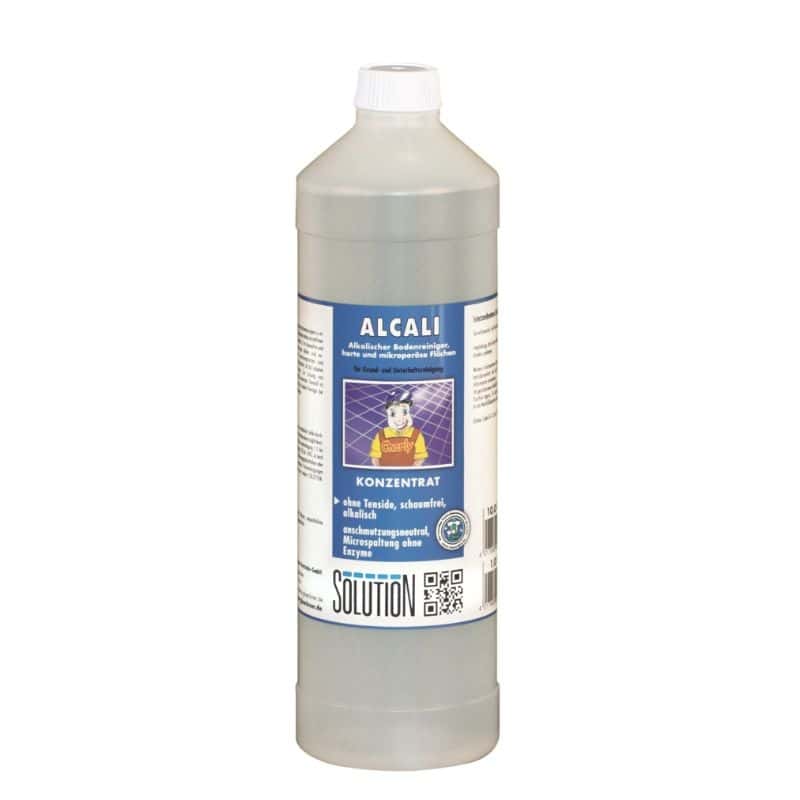 Alkali Bodenreiniger Konzentrat in transparenter Flasche mit blauem Etikett für professionelle Bodenreinigung Alkali Bodenreiniger Konzentrat in transparenter Flasche mit blauem Etikett für professionelle Bodenreinigung