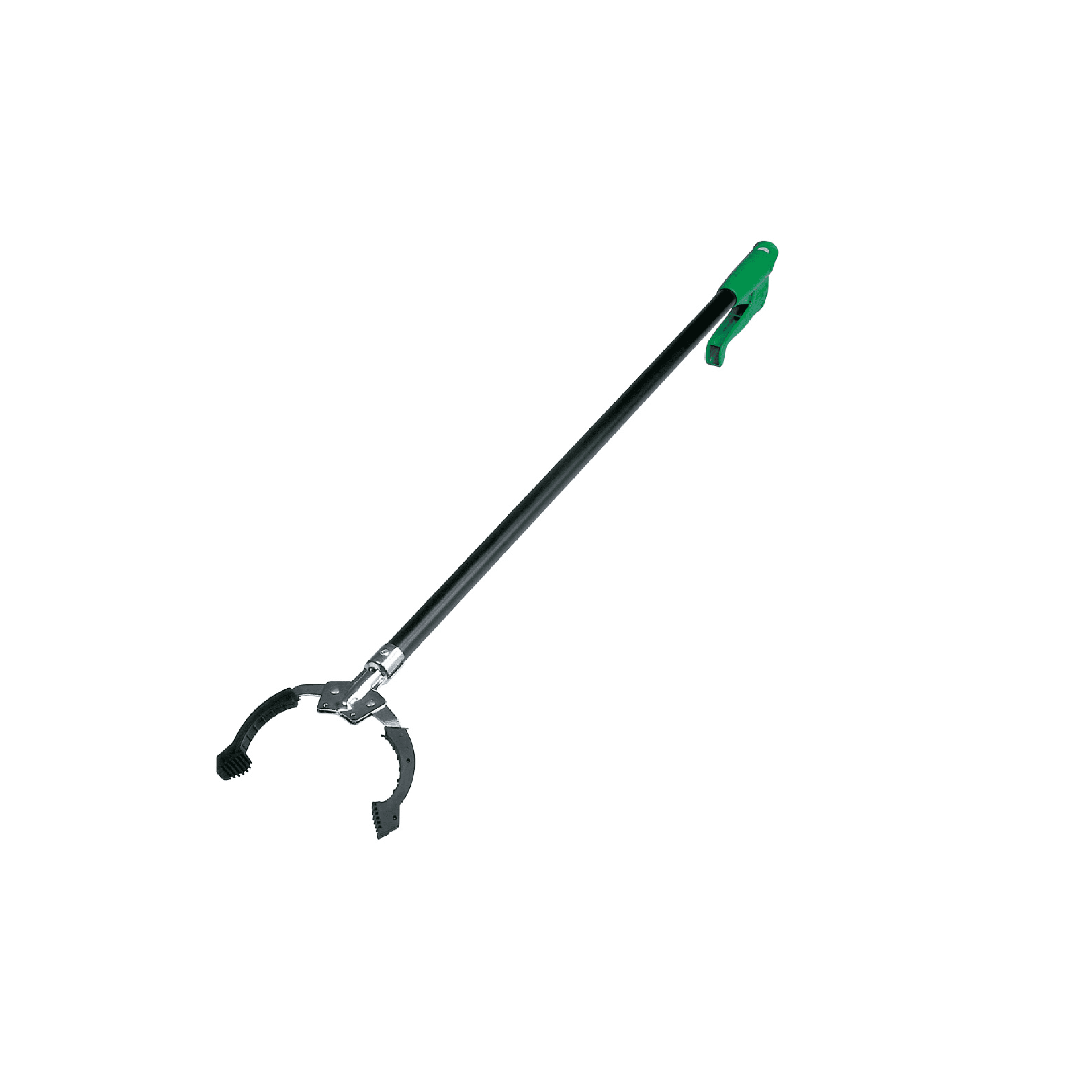 Professioneller Müllsammler mit grünem Griff Müllsammler mit langem schwarzen Griff und grünem Griff mit Metallkrallenmechanismus für die professionelle Müllentsorgung