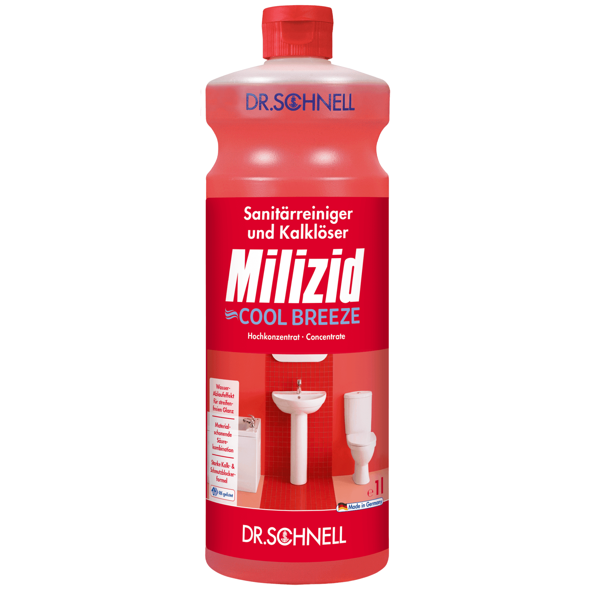 Dr. Schnell Milizid Cool Breeze Sanitärreiniger Dr. Schnell Milizid Cool Breeze Sanitärreiniger und Kalklöser in der 1-Liter-Flasche für die professionelle Reinigung