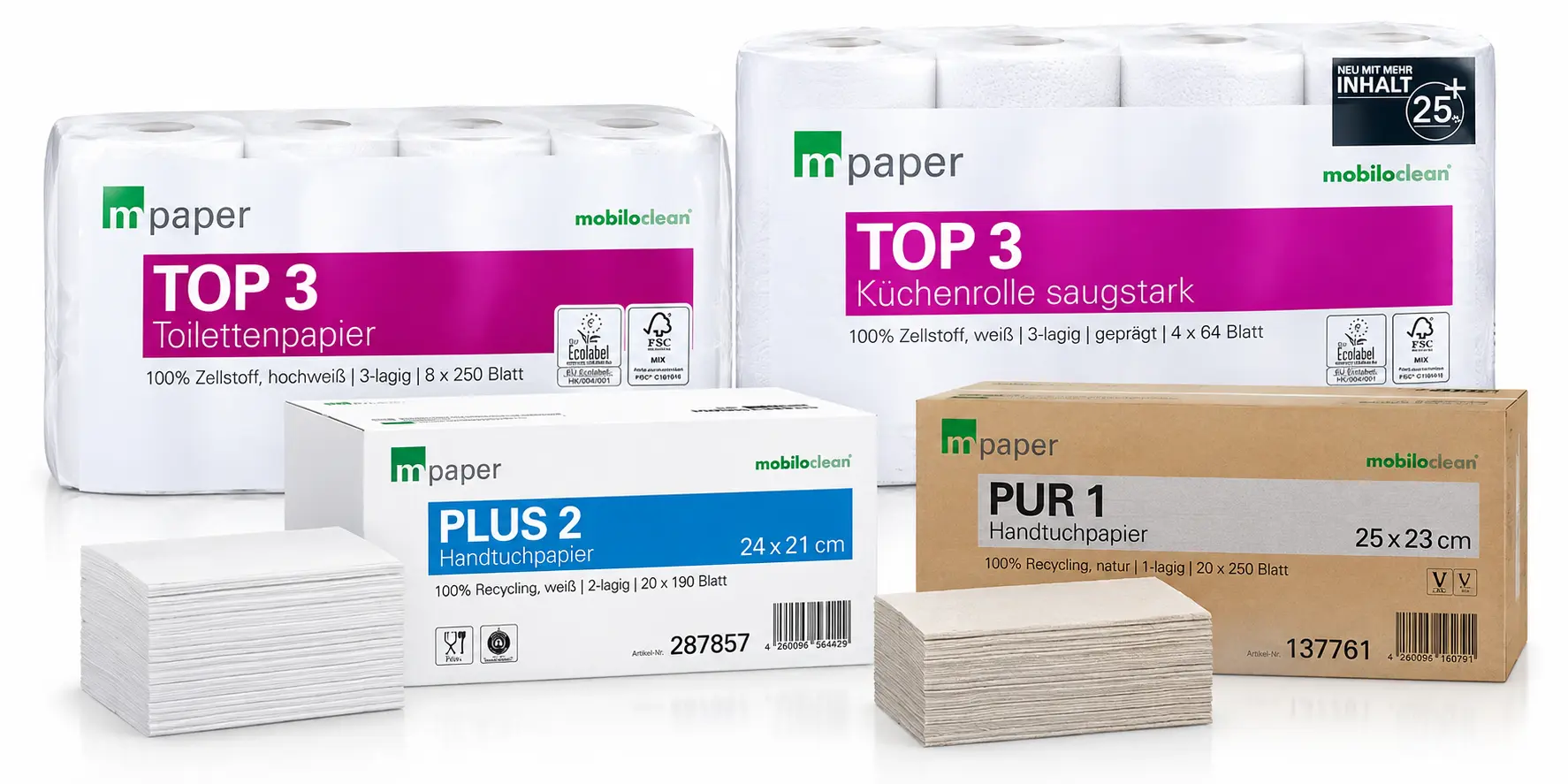 Auswahl an mpaper Toilettenpapier, Küchenrollen und Handtüchern in verschiedenen Verpackungen