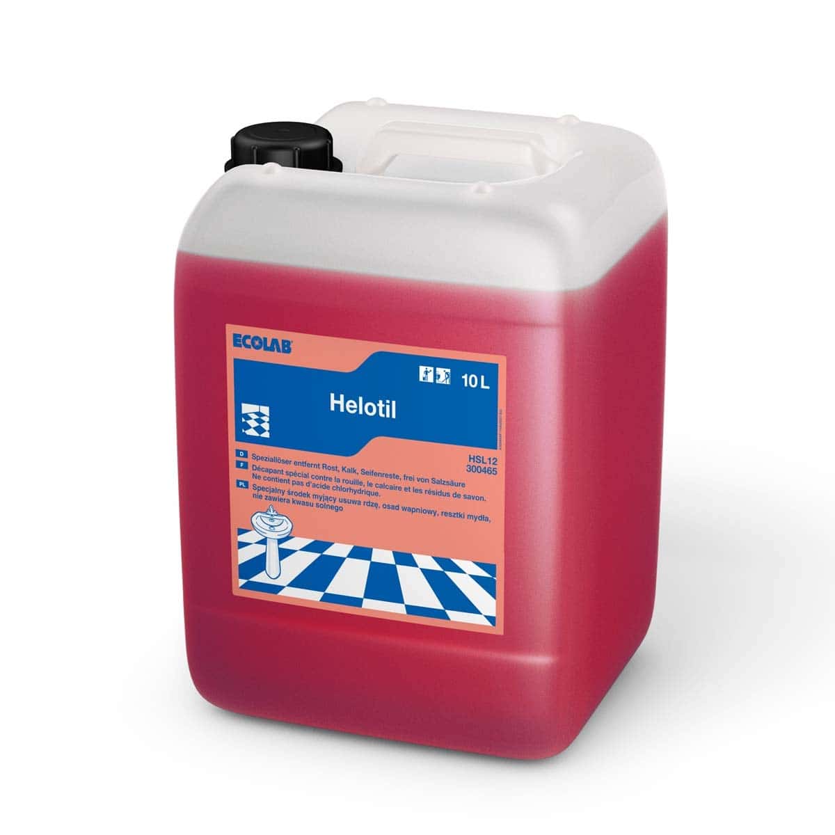 Ecolab Helotil Reinigungskonzentrat im 10-Liter-Kanister mit roter Flüssigkeit und blau-weißem Etikett Ecolab Helotil Reinigungskonzentrat im 10-Liter-Kanister mit roter Flüssigkeit und blau-weißem Etikett