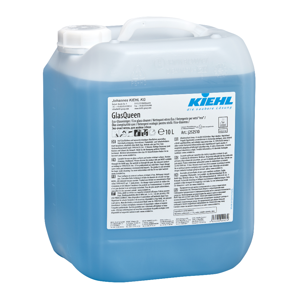 Kiehl GlasQueen Glasreiniger im 10 Liter Kanister mit blauer Flüssigkeit für die professionelle Oberflächen- und Glasreinigung