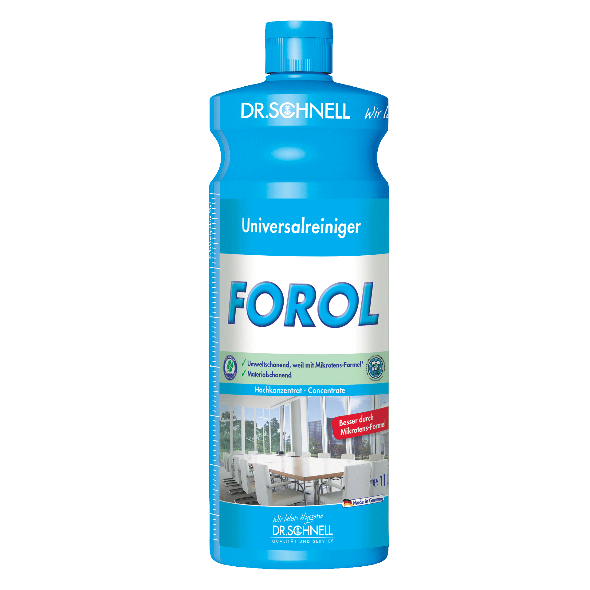 Dr. Schnell Forol Universalreiniger in blauer Flasche mit Etikett für vielseitige Reinigung